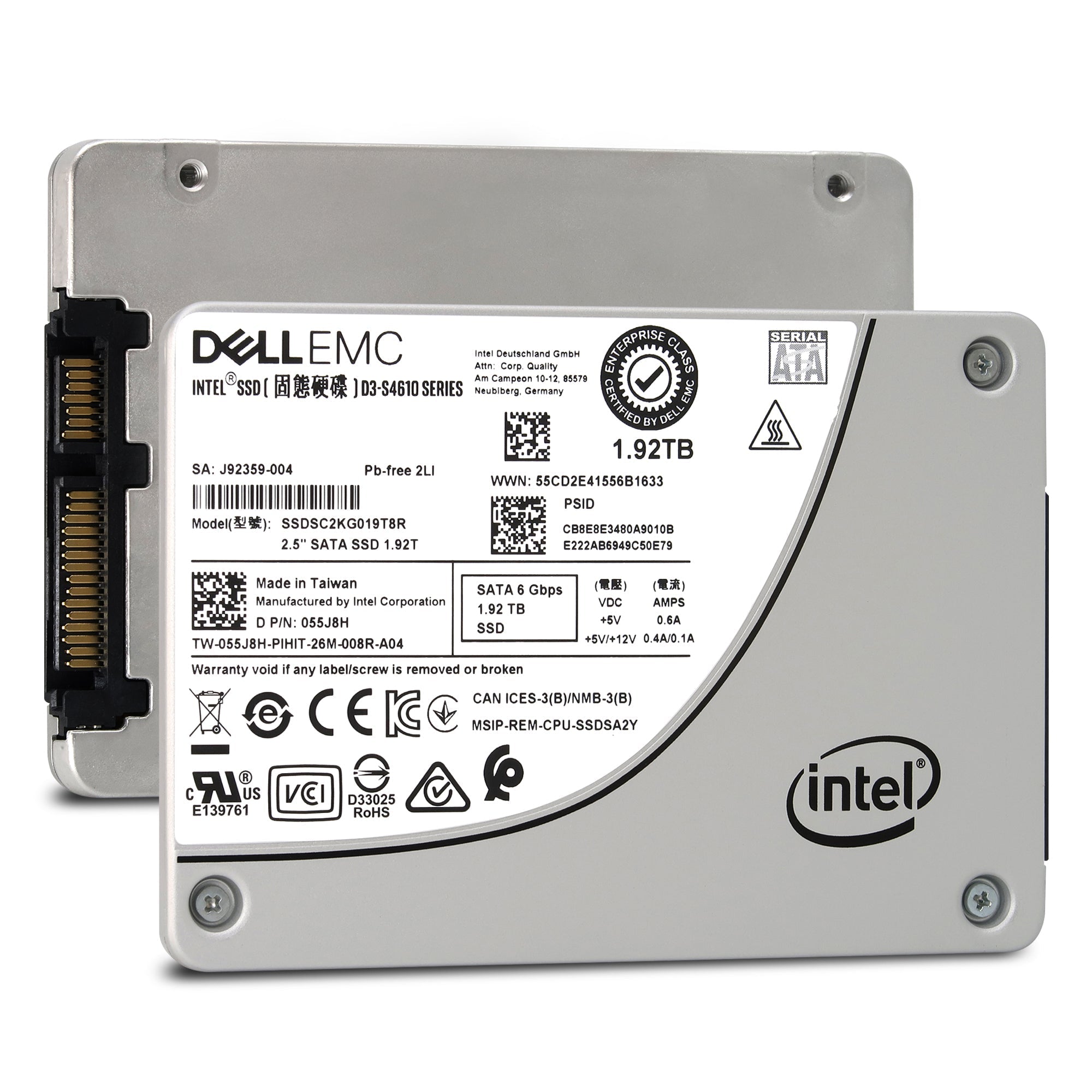 Dell D3-S4610 SSDSC2KG019T8R 055J8H 1.92TB SATA 6Gb/s 3D TLC 3DWPD 2.5in Solid State Drive