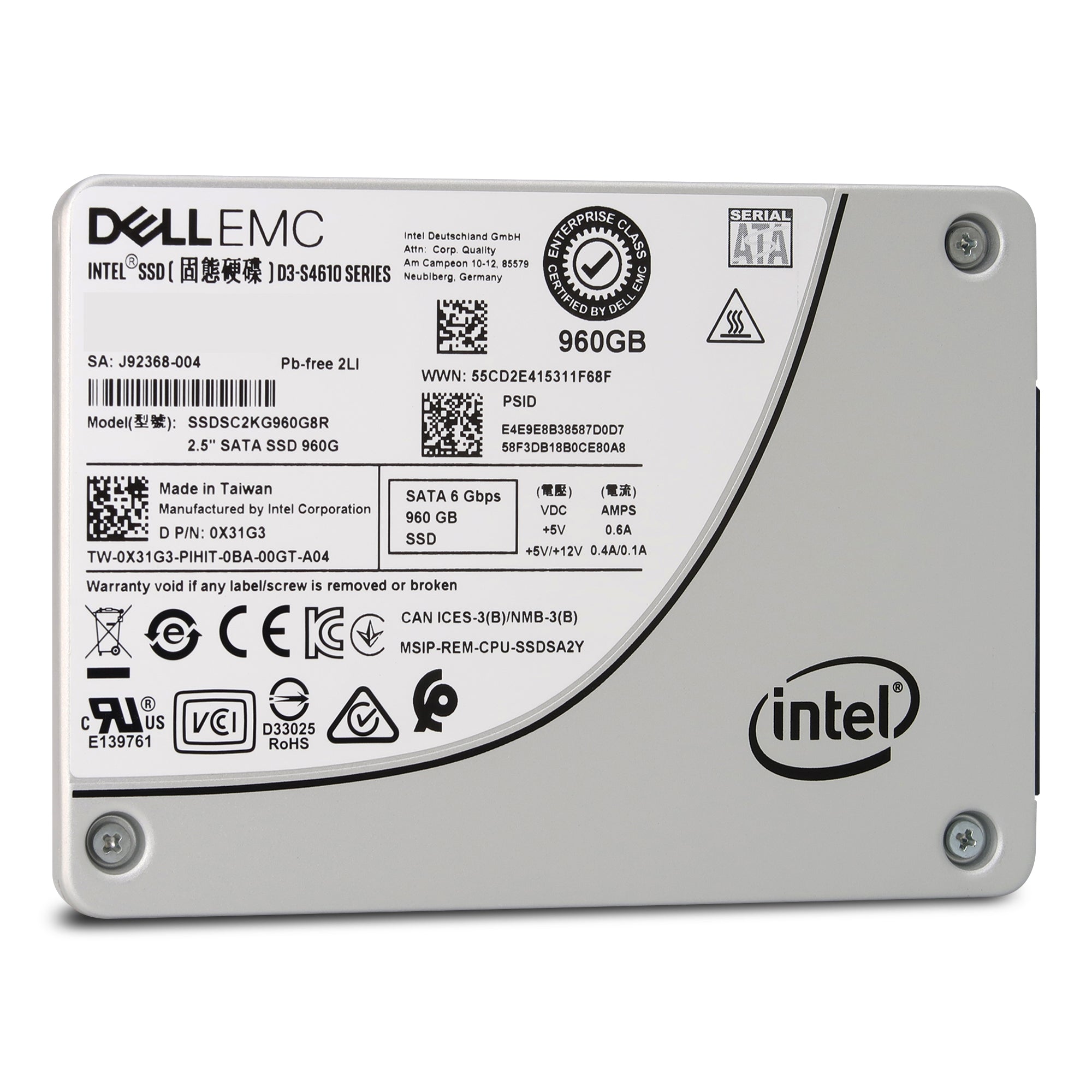Dell D3-S4610 SSDSC2KG960G8R 0X31G3 960GB SATA 6Gb/s 3D TLC 3DWPD 2.5in Solid State Drive