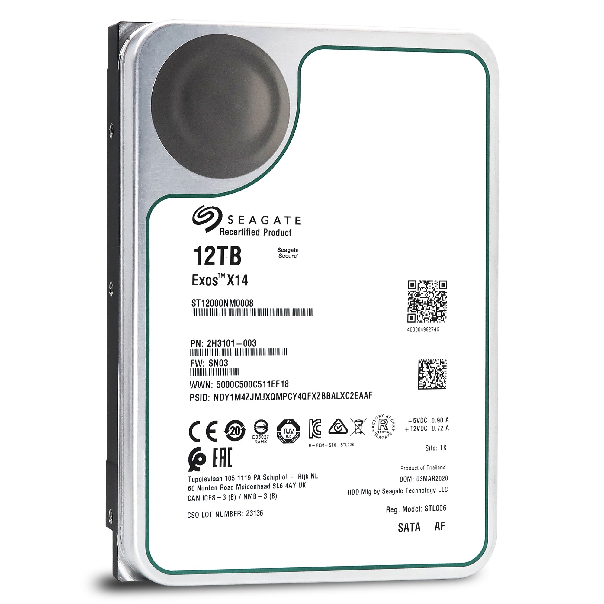 Seagate Exos X14 ST12000NM0008 12TB 7.2K RPM SATA 6Gb/s 512e/4Kn 256MB 3.5" FastFormat Manufacturer Recertified HDD