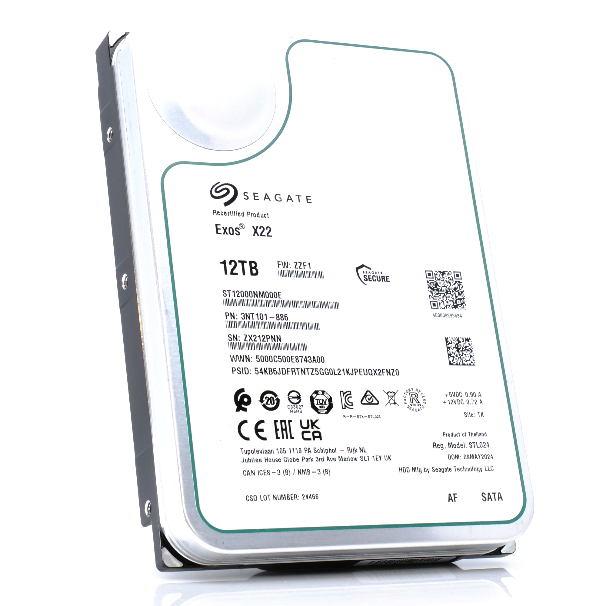 Seagate Exos X22 ST12000NM000E 12TB 7.2K RPM SATA 6Gb/s 512e 3.5in Recertified Hard Drive