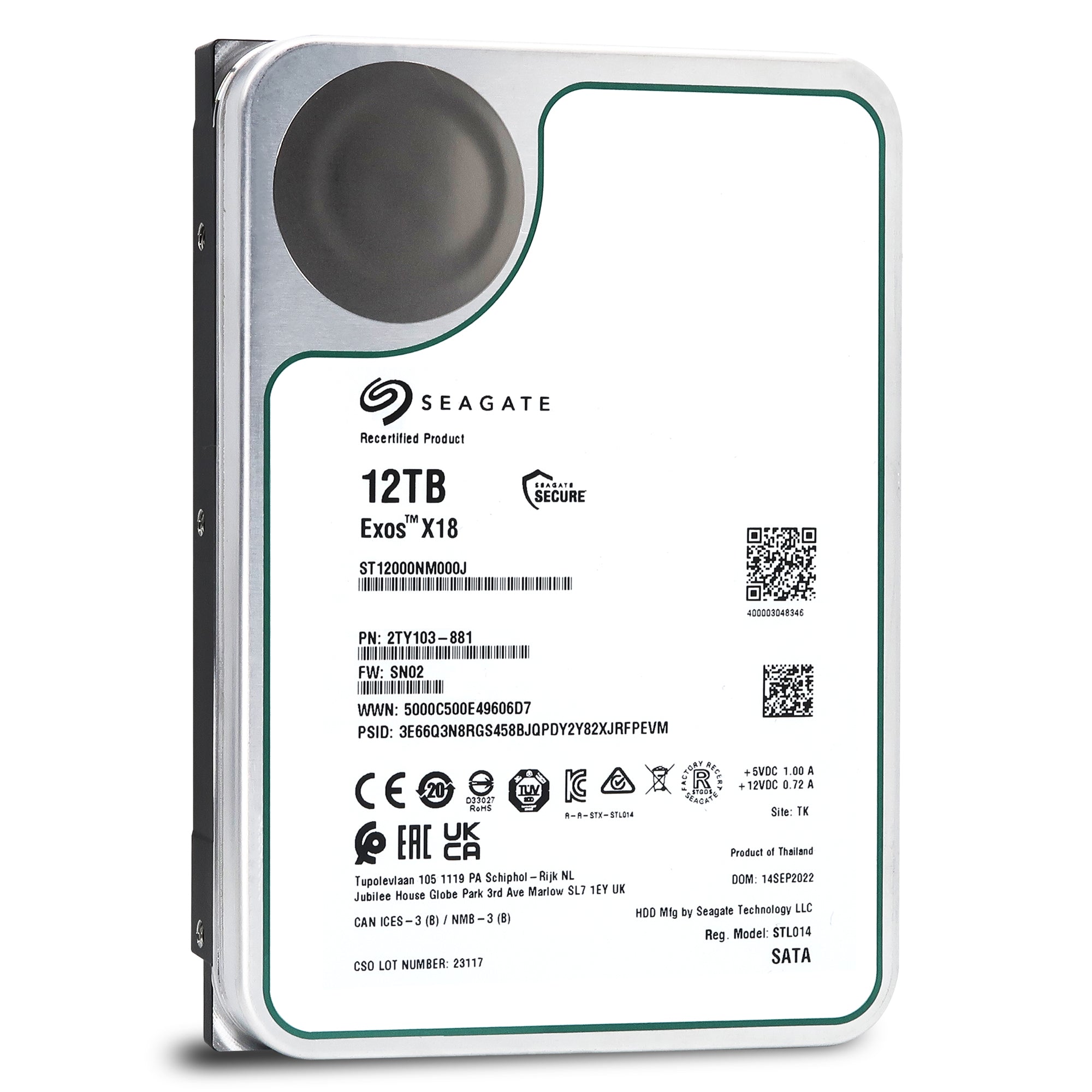 Seagate Exos X18 ST12000NM000J 12TB 7.2K RPM SATA 6Gb/s 3.5in Refurbished HDD