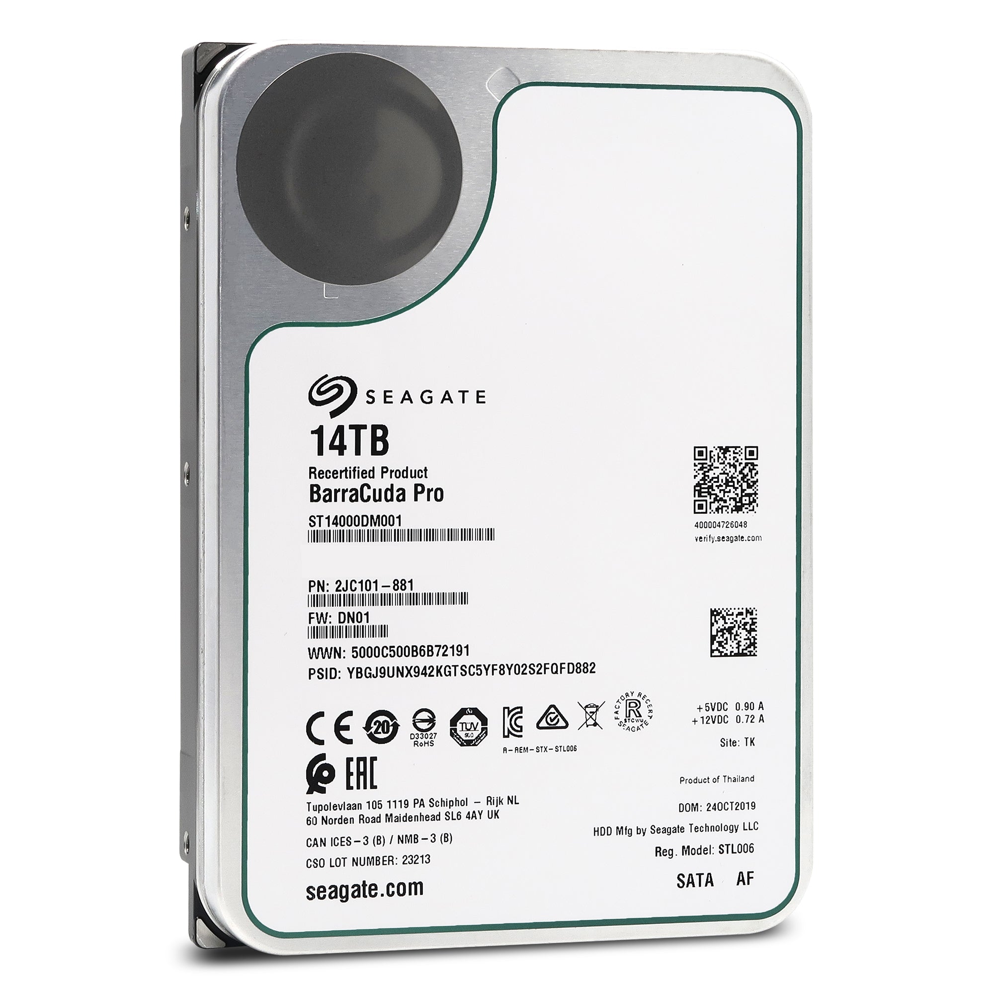 Seagate BarraCuda Pro ST14000DM001 14TB 7.2K RPM SATA 6Gb/s 512e 3.5in Recertified Hard Drive