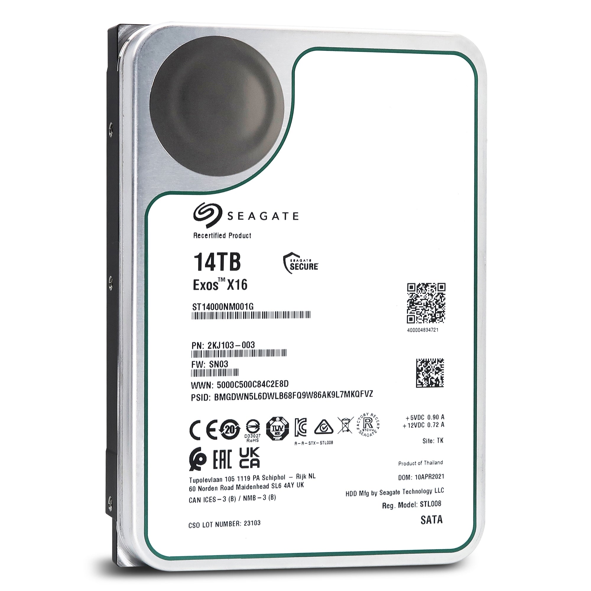 Seagate Exos X16 ST14000NM001G 14TB 7.2K RPM SATA 6Gb/s 512e/4Kn 256MB 3.5" FastFormat Manufacturer Recertified HDD