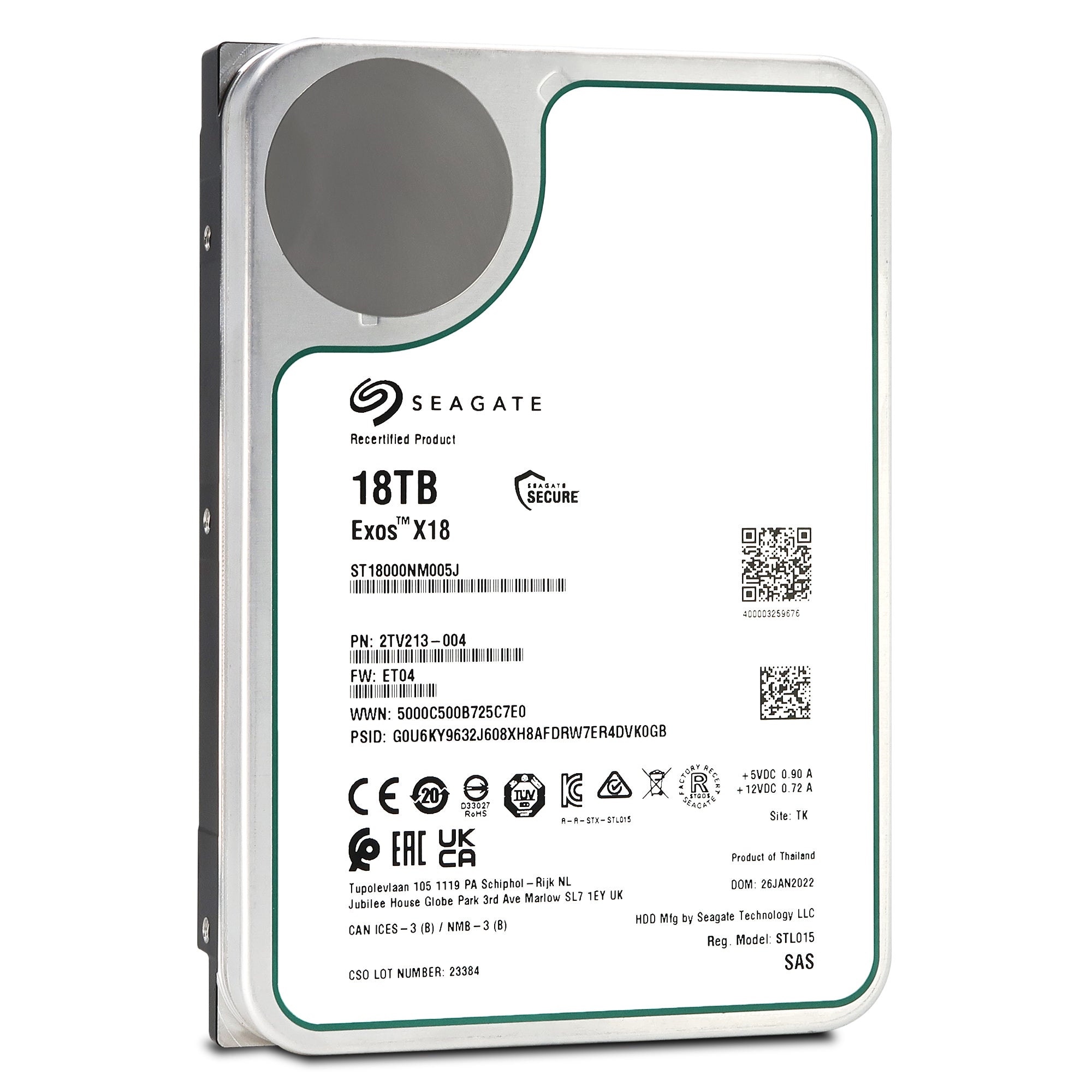 Seagate Exos X18 ST18000NM005J 18TB 7.2K RPM SAS 12Gb/s 512e SED 3.5in Recertified Hard Drive