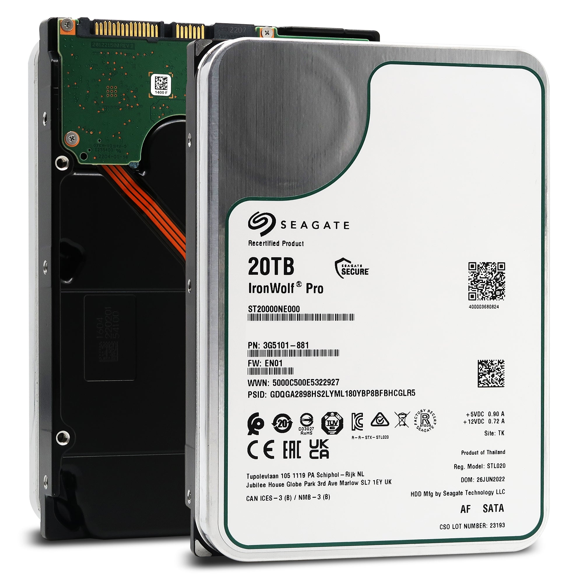 Seagate IronWolf Pro ST20000NE000 20TB 7.2K RPM SATA 6Gb/s 512e 3.5in Recertified Hard Drive