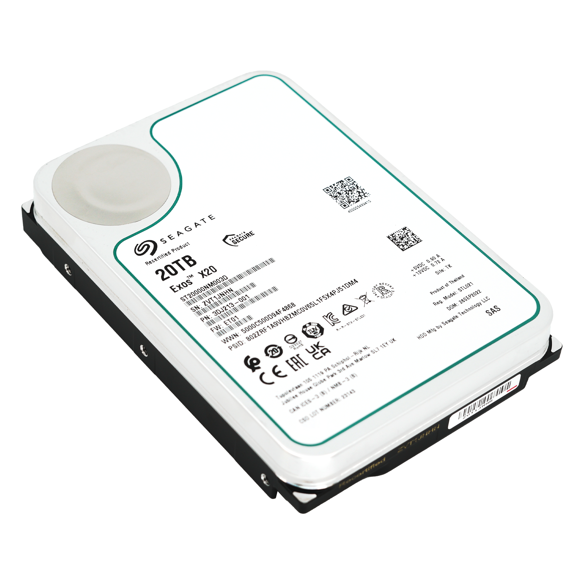 Seagate Exos X20 ST20000NM003D 20TB 7.2K RPM SAS 12Gb/s 512e SED 3.5in Recertified Hard Drive