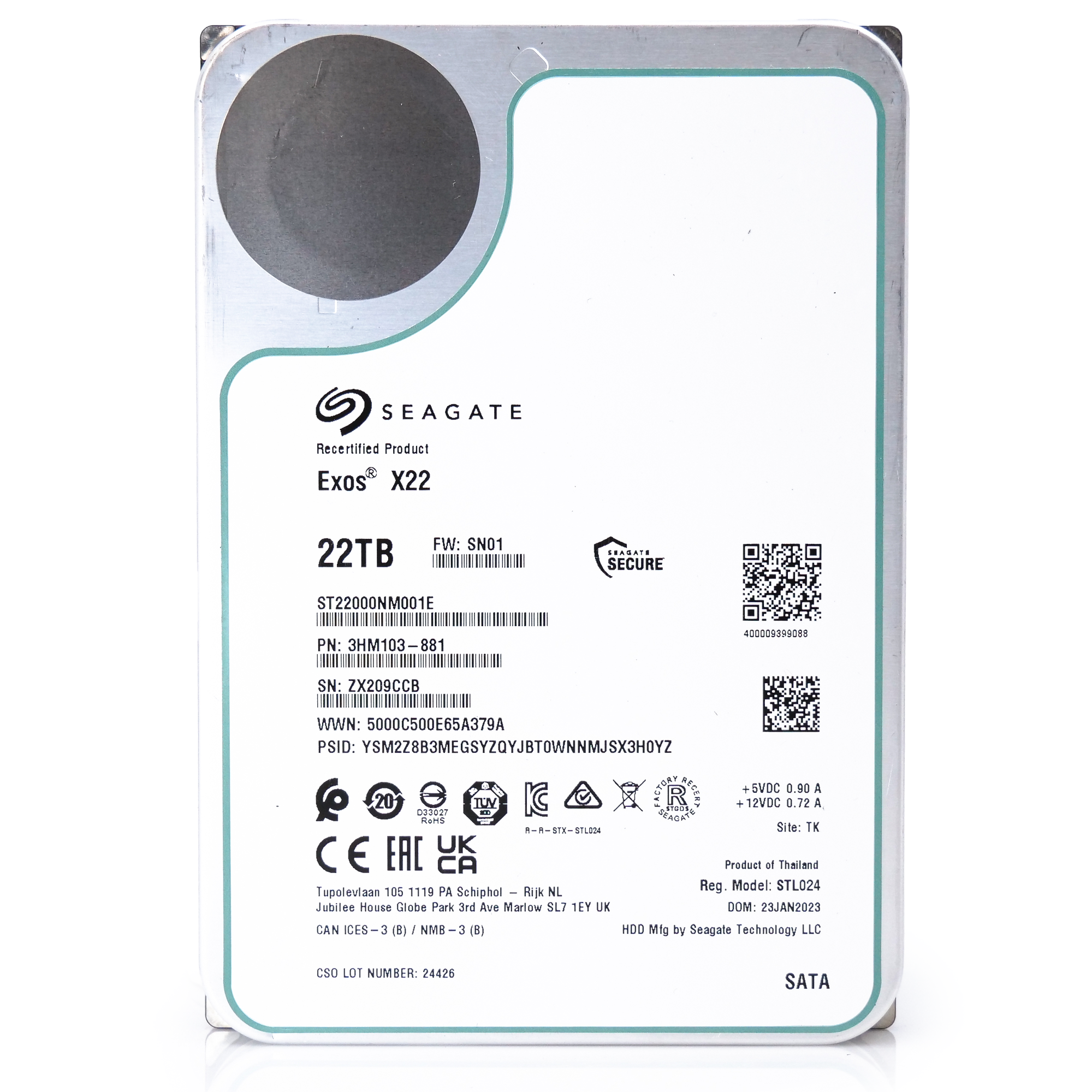 Seagate Exos X22 ST22000NM001E 22TB 7.2K RPM SATA 6Gb/s 512e 3.5in Recertified Hard Drive