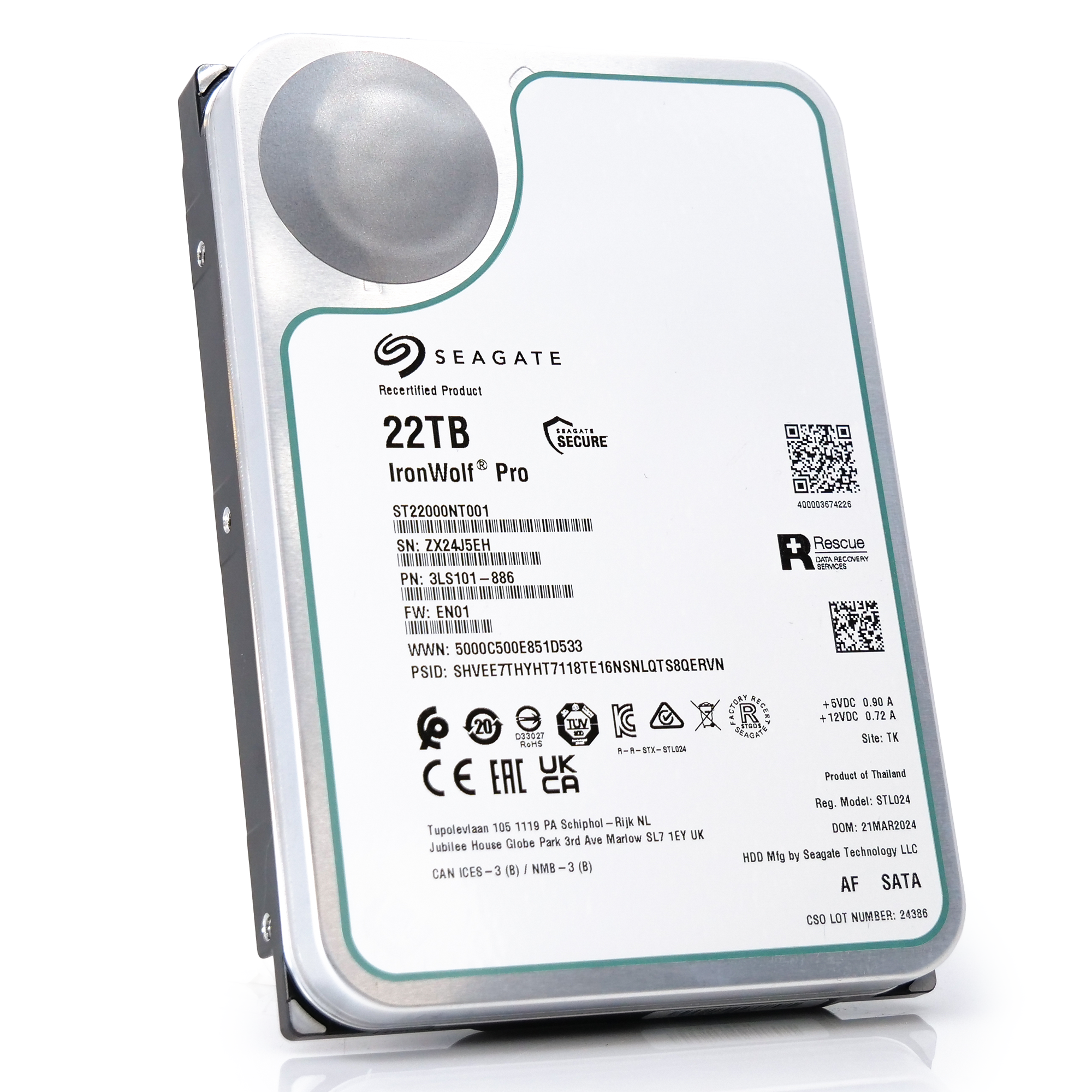 Seagate Ironwolf Pro ST22000NT001 22TB 7.2K RPM SATA 6Gb/s 512e NAS 3.5in Recertified Hard Drive