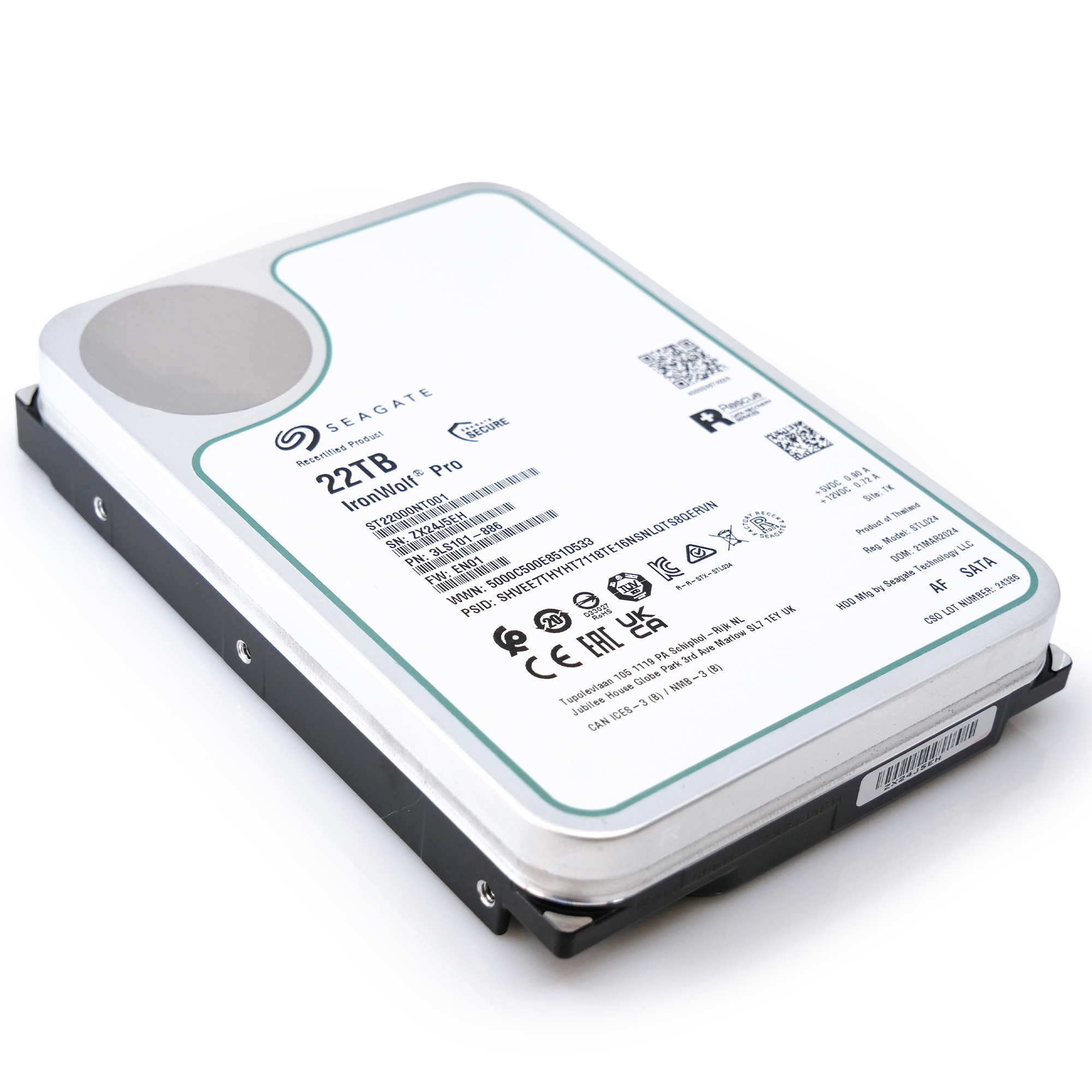 Seagate Ironwolf Pro ST22000NT001 22TB 7.2K RPM SATA 6Gb/s 512e NAS 3.5in Recertified Hard Drive