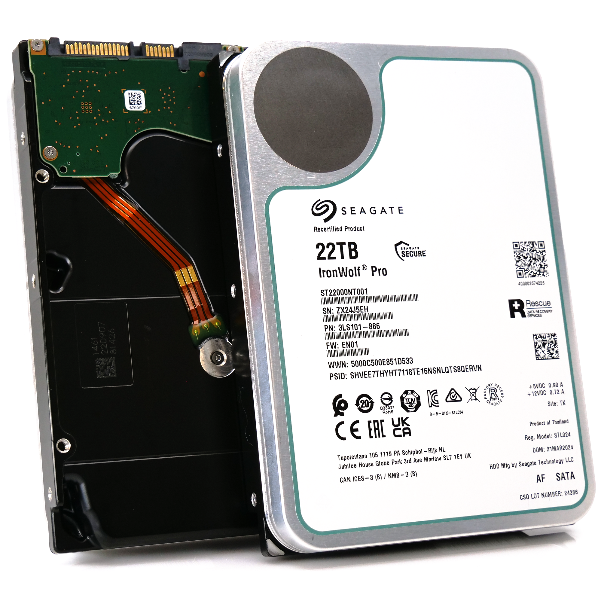 Seagate Ironwolf Pro ST22000NT001 22TB 7.2K RPM SATA 6Gb/s 512e NAS 3.5in Recertified Hard Drive