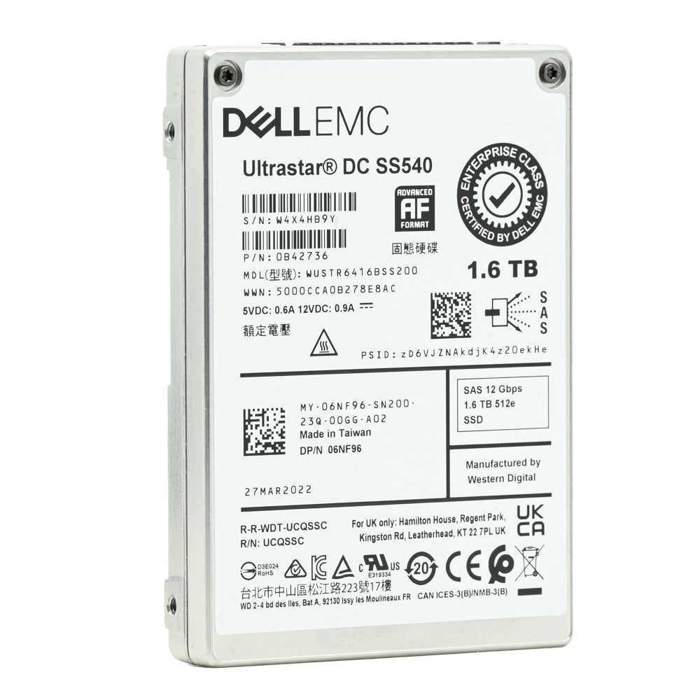 Dell Ultrastar DC SS540 6NF96 WUSTR6416BSS200 1.6TB SAS 12Gb/s 3DWPD Mixed Use 2.5in Refurbished SSD
