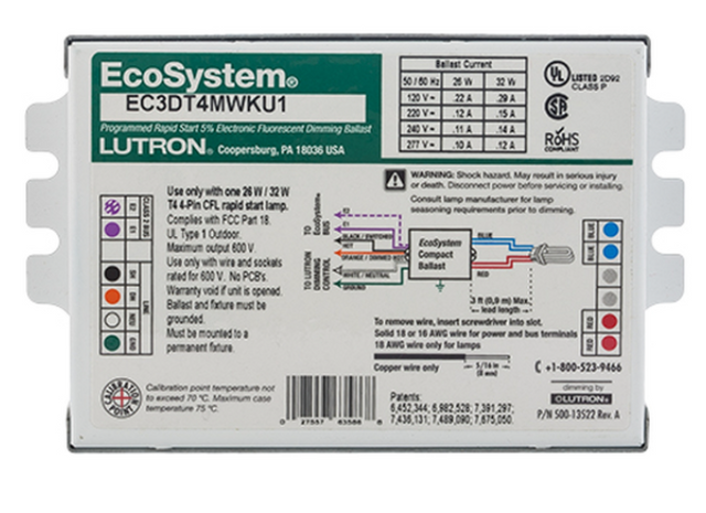 Lutron EC3DT4MWKU1S EcoSystem Digital Dimming CFL Ballast 26/32W 120–277VAC Stud Mount