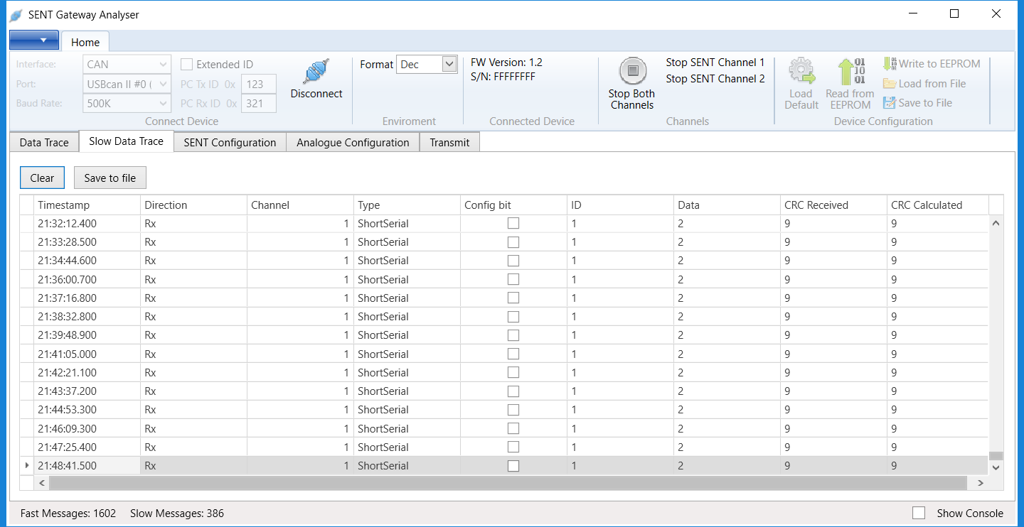 SAE J2716 (SENT) to RS232 Gateway
