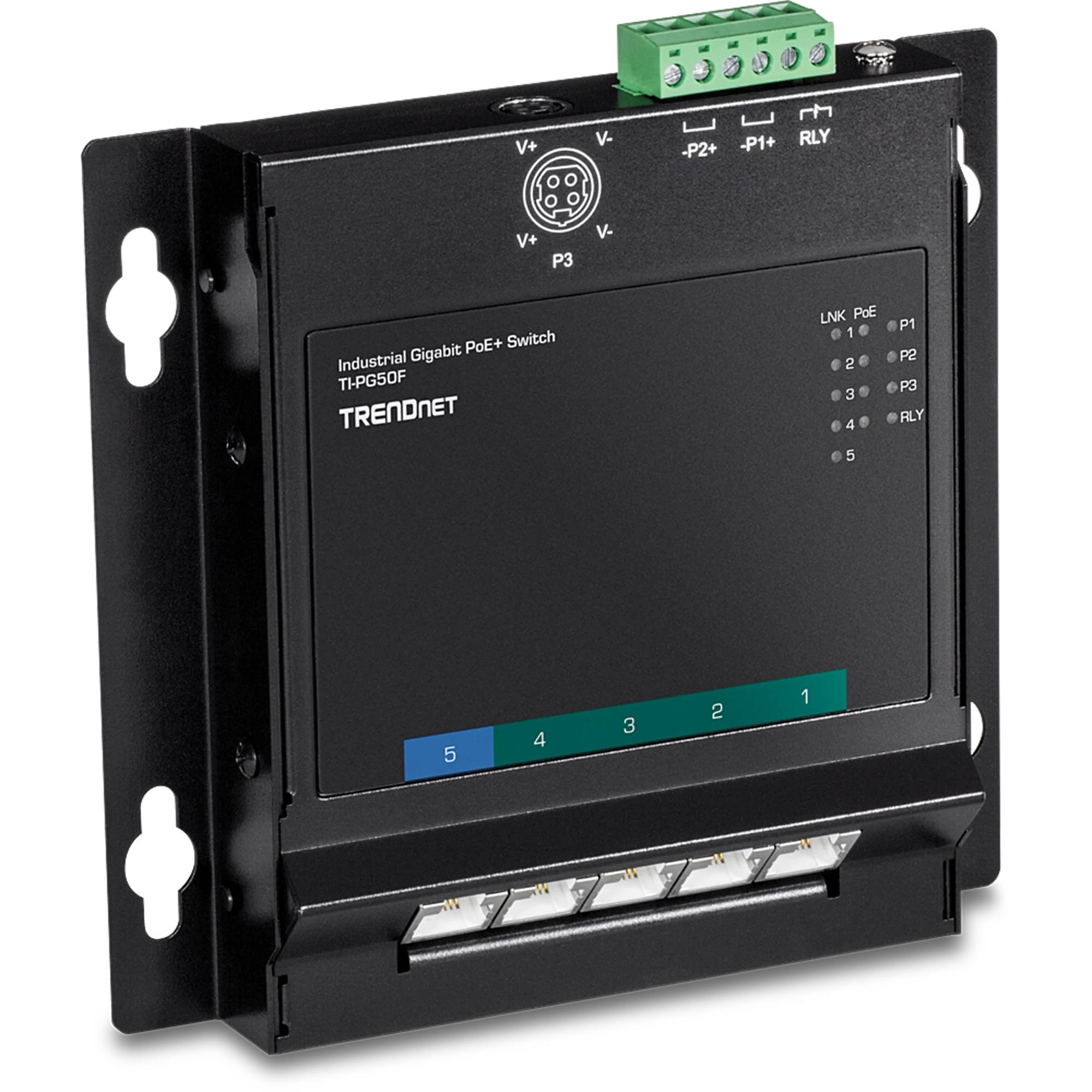 TRENDnet TI-PG50F 5-Port Industrial Gigabit PoE+ Wall-Mounted Front Access Switch