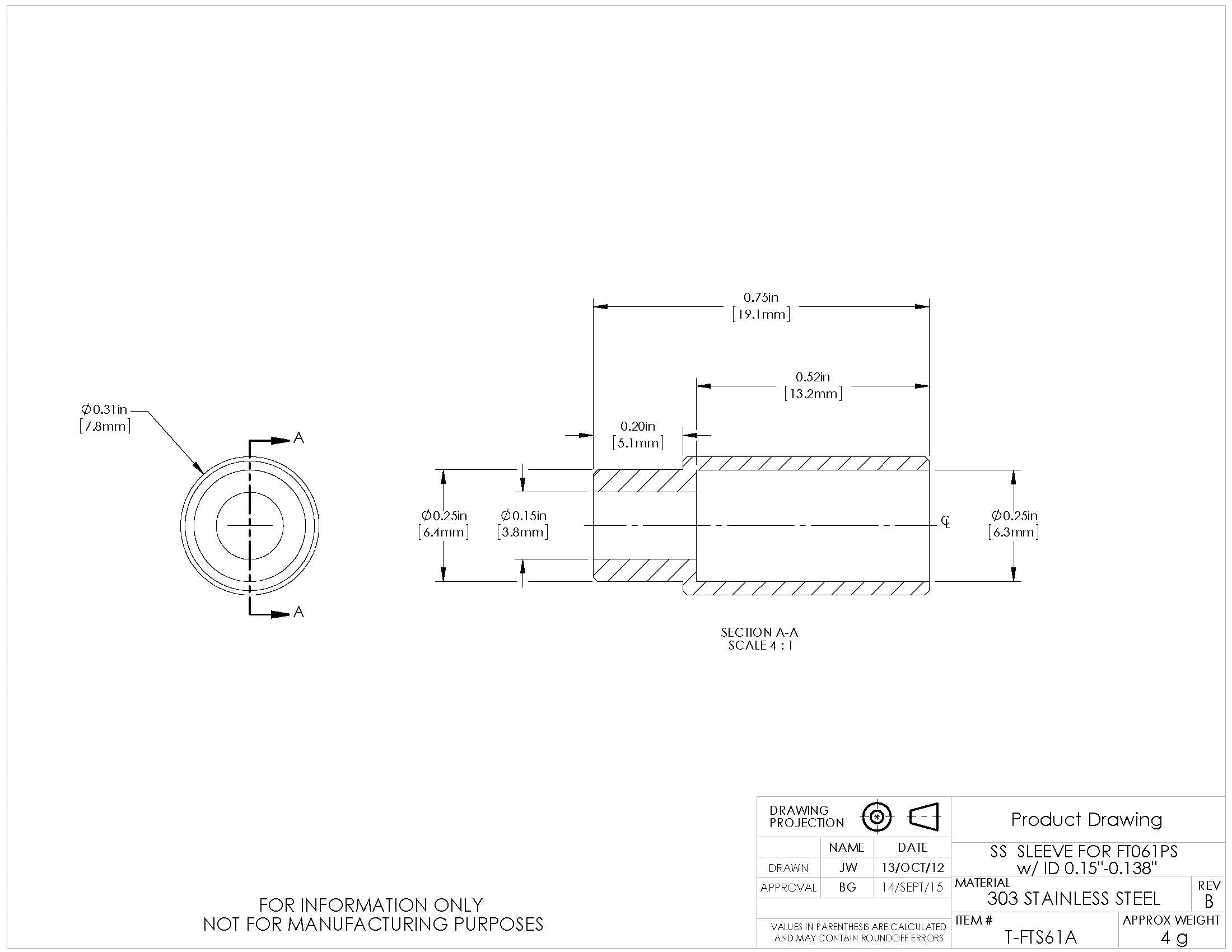 T-FTS61A - Stainless Steel Sleeve for Ø6.1 mm Tubing, 0.138" - 0.150" ID