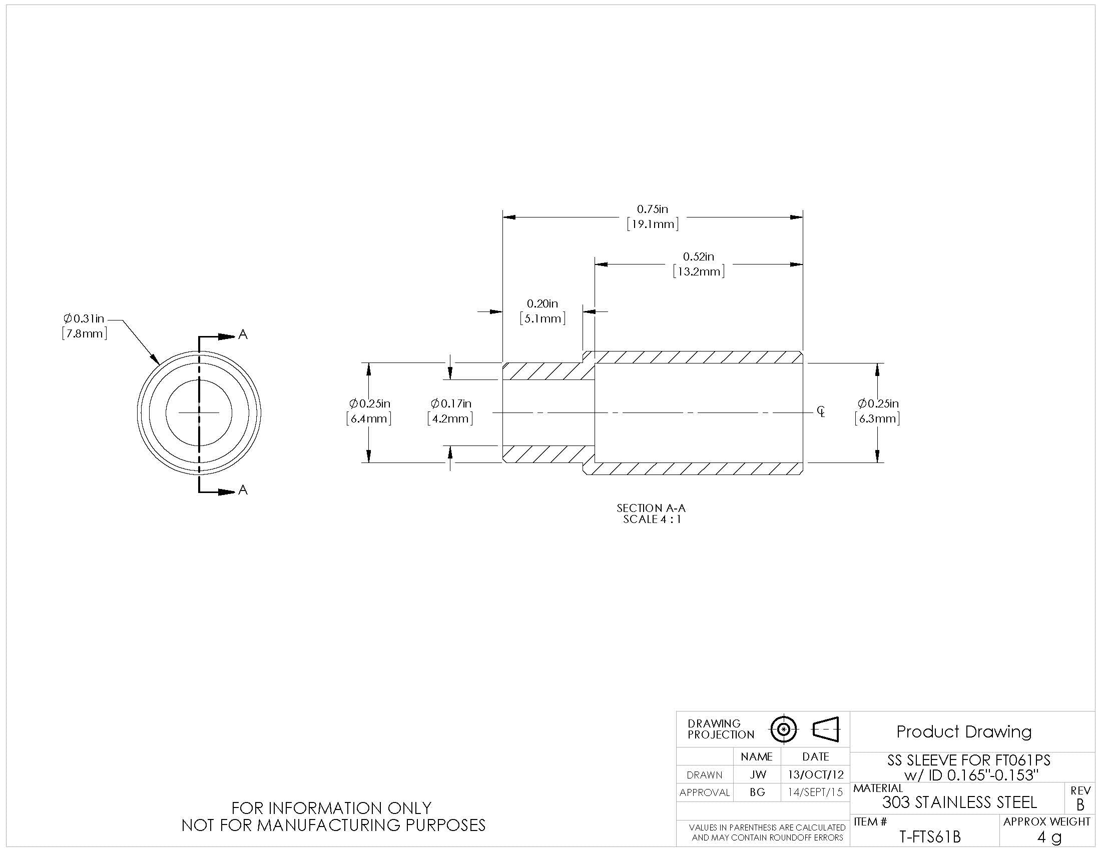 T-FTS61B - Stainless Steel Sleeve for Ø6.1 mm Tubing, 0.153" - 0.165" ID