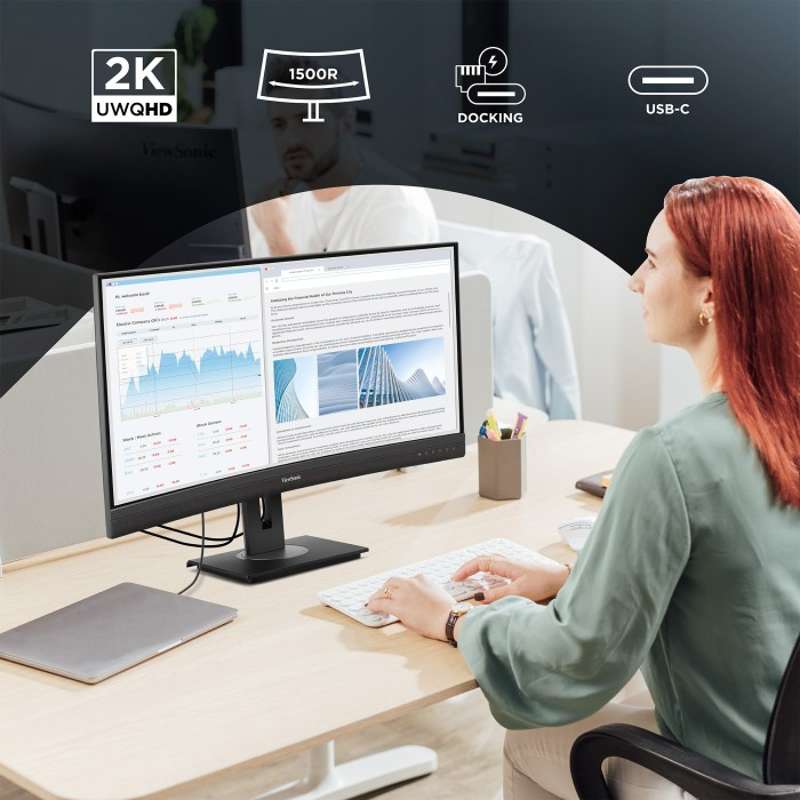 Viewsonic 34" UWQHD Curved USB-C Docking Monitor with 100W Power Delivery & RJ45 Ethernet