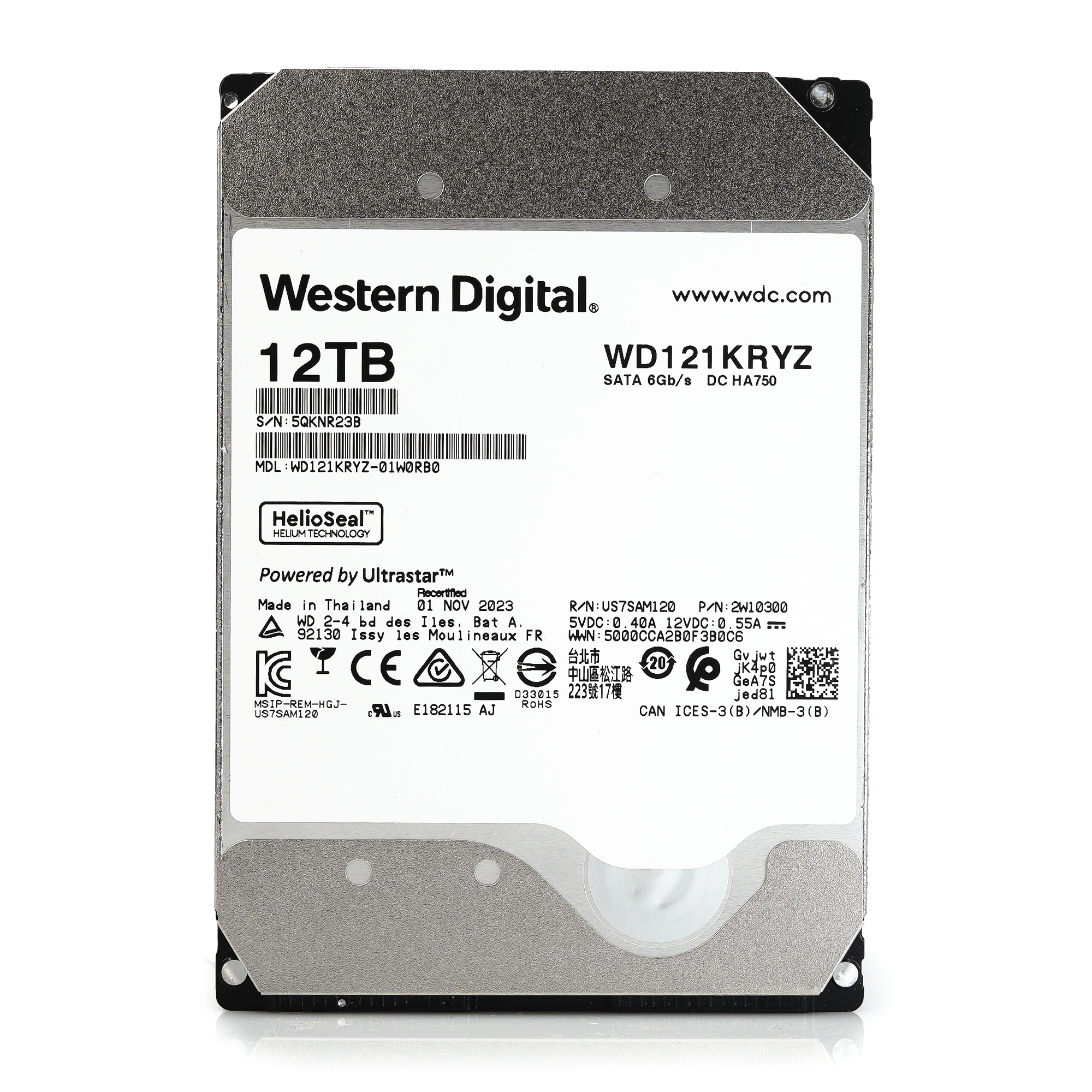 Western Digital Gold WD121KRYZ 12TB 7.2K RPM SATA 6Gb/s 512e Enterprise 3.5in Recertified Hard Drive