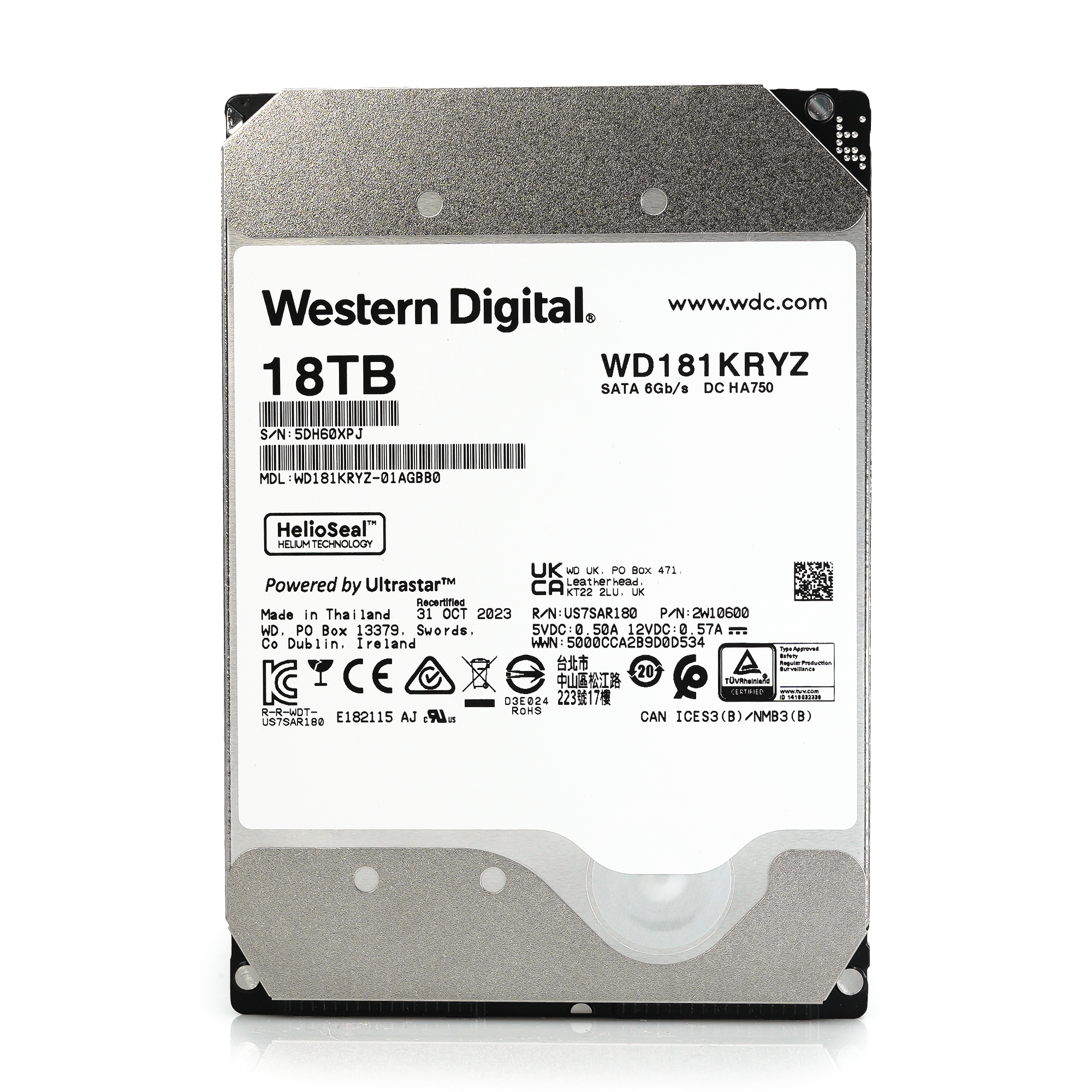 Western Digital Gold WD181KRYZ 18TB 7.2K RPM SATA 6Gb/s 512e Enterprise 3.5in Recertified Hard Drive