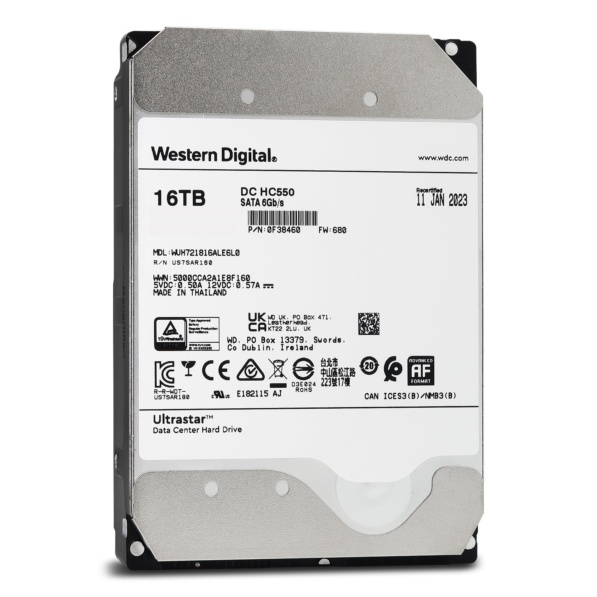 Western Digital Ultrastar DC HC550 WUH721816ALE6L0 0F38460 16TB 7.2K RPM SATA 6Gb/s 512e ISE 3.5in Recertified Hard Drive
