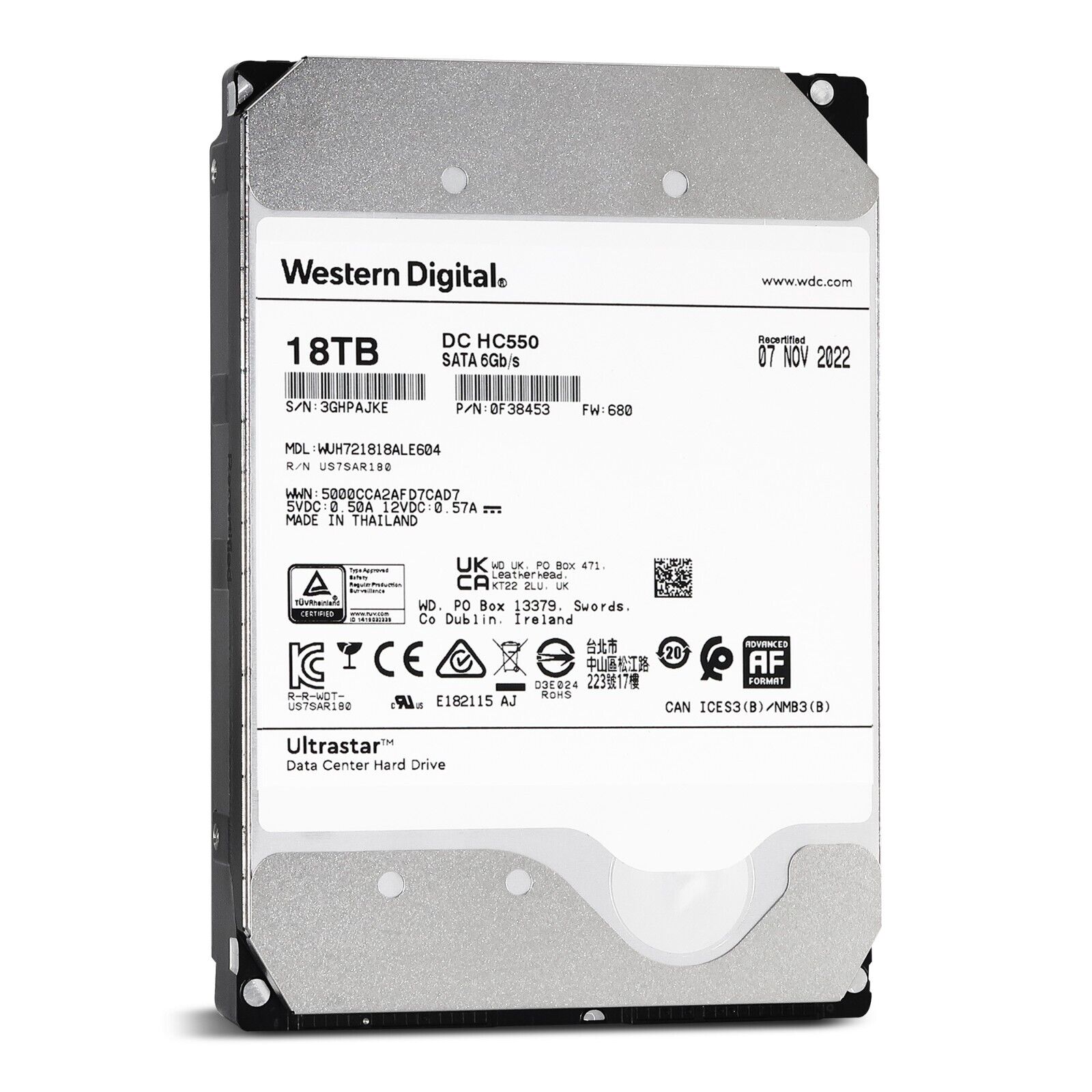 Western Digital Ultrastar DC HC550 WUH721818ALE604 0F38453 18TB 7.2K RPM SATA 6Gb/s Power Disable 3.5in Recertified Hard Drive