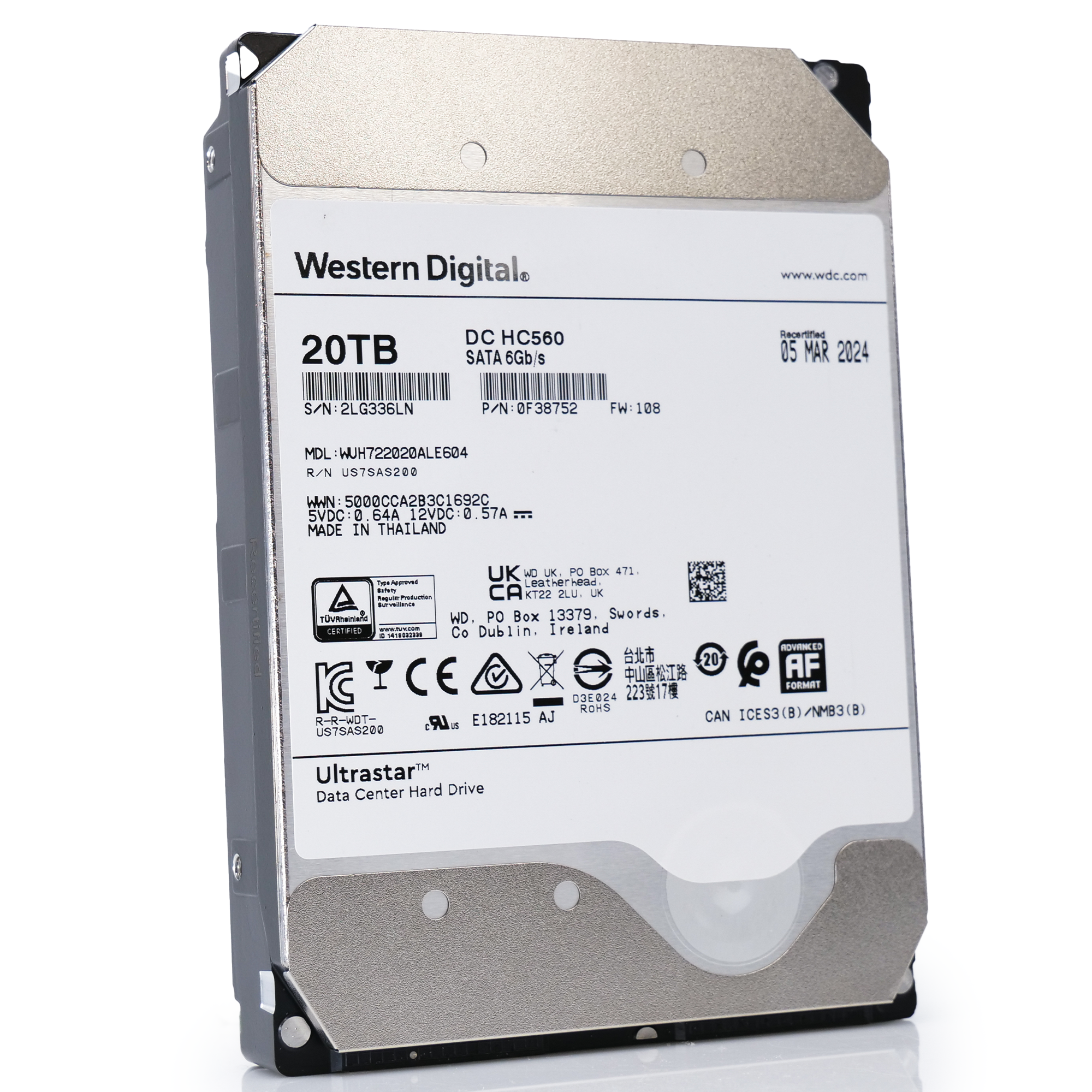 Western Digital Ultrastar HC560 WUH722020ALE604 0F38752 20TB 7.2K RPM SATA 6Gb/s 512e Power Disable 3.5in Recertified Hard Drive
