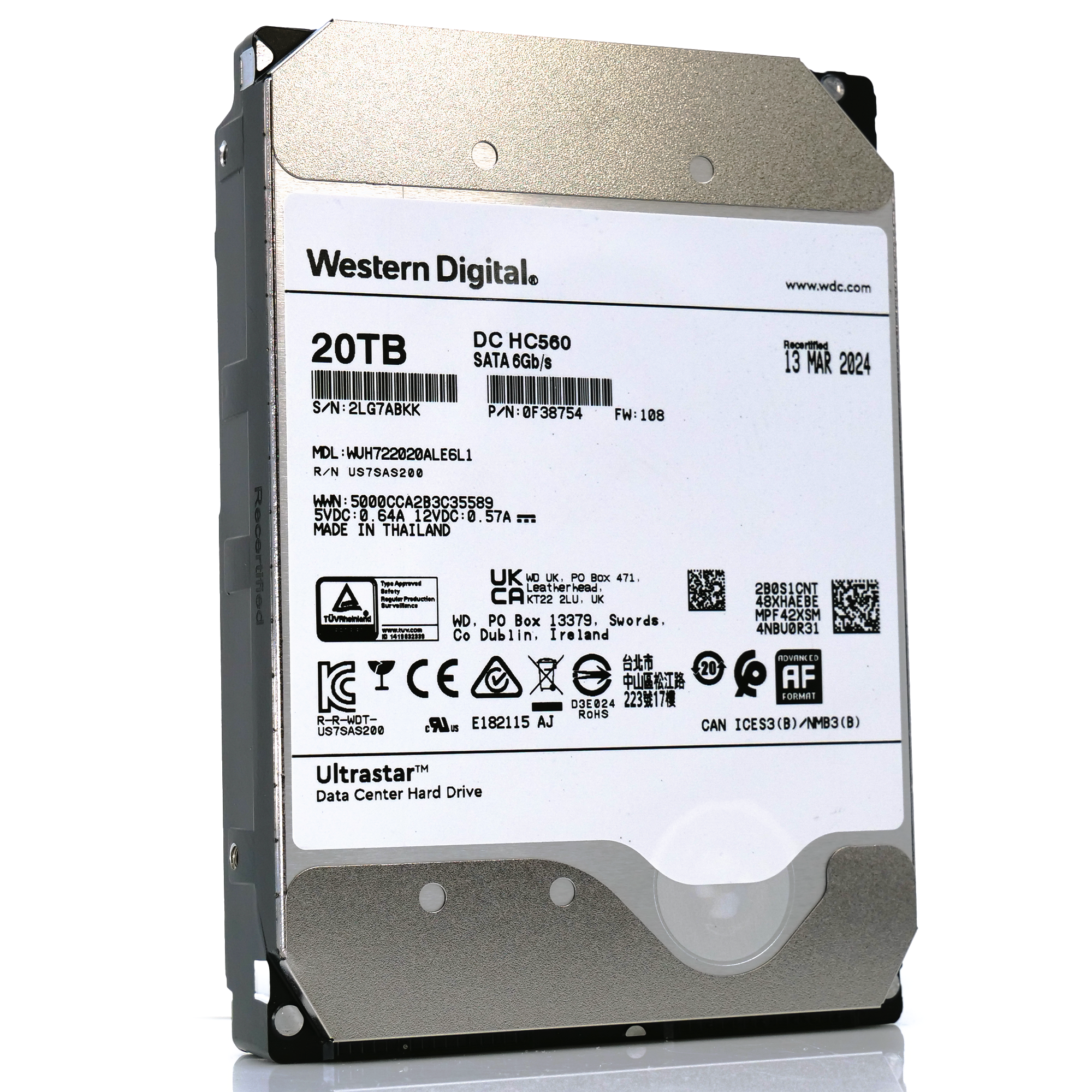Western Digital Ultrastar DC HC560 WUH722020ALE6L1 0F38754 20TB 7.2K RPM SATA 6Gb/s SED 3.5in Recertified Hard Drive