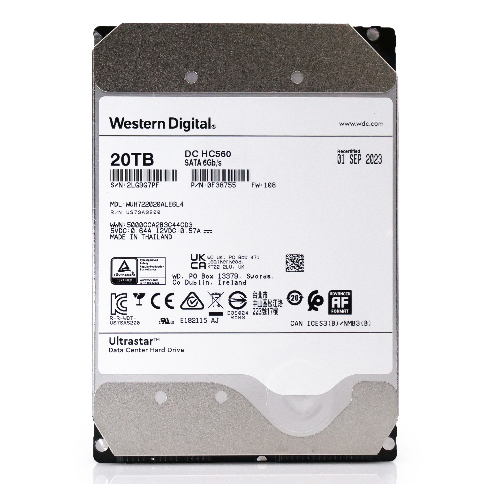 Western Digital Ultrastar DC HC560 WUH722020ALE6L4 20TB 7.2K RPM SATA 6Gb/s 3.5in Recertified Hard Drive