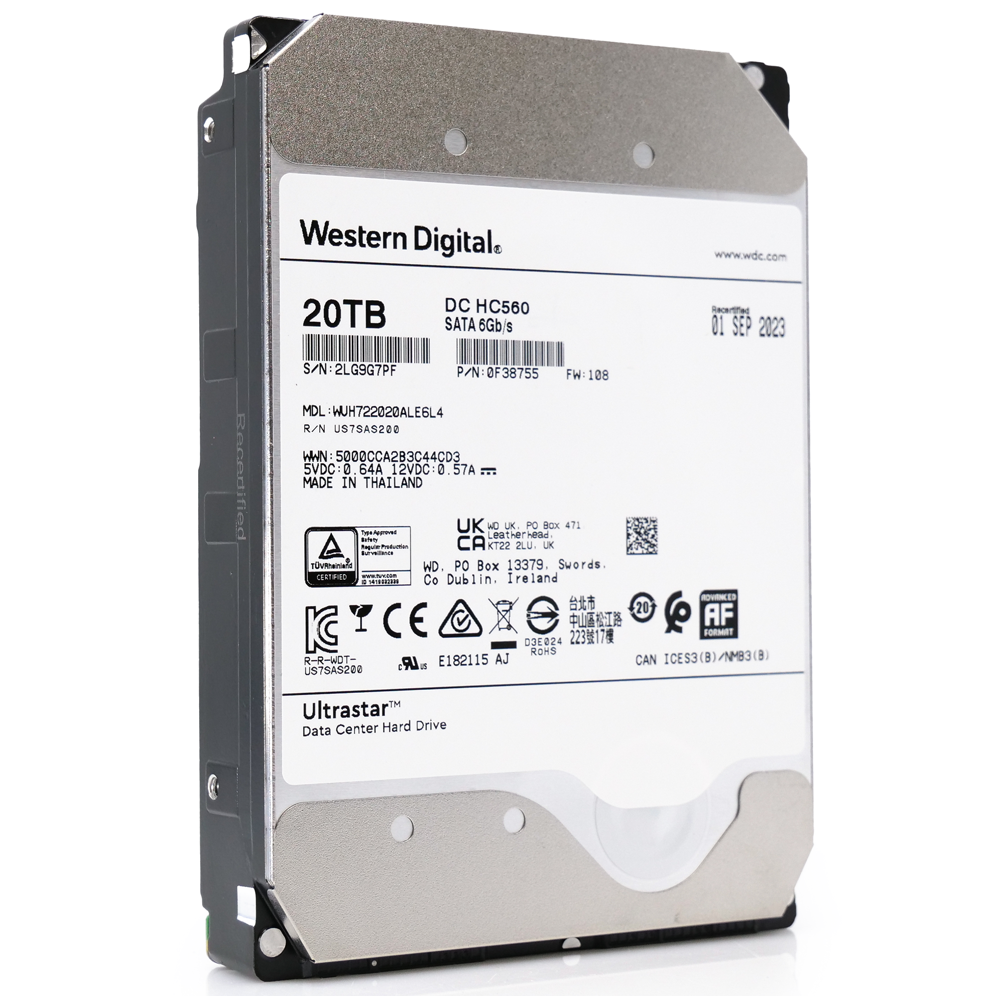 Western Digital Ultrastar DC HC560 WUH722020ALE6L4 20TB 7.2K RPM SATA 6Gb/s 3.5in Recertified Hard Drive