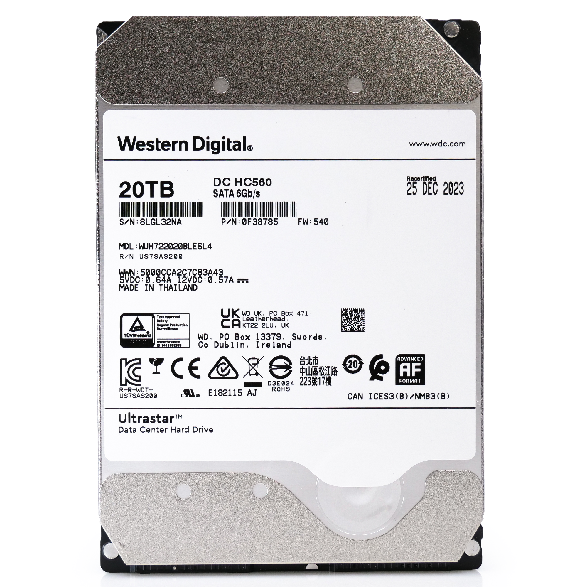 Western Digital Ultrastar DC HC560 WUH722020BLE6L4 0F38785 20TB 7.2K RPM SATA 6Gb/s 512e 3.5in Recertified Hard Drive