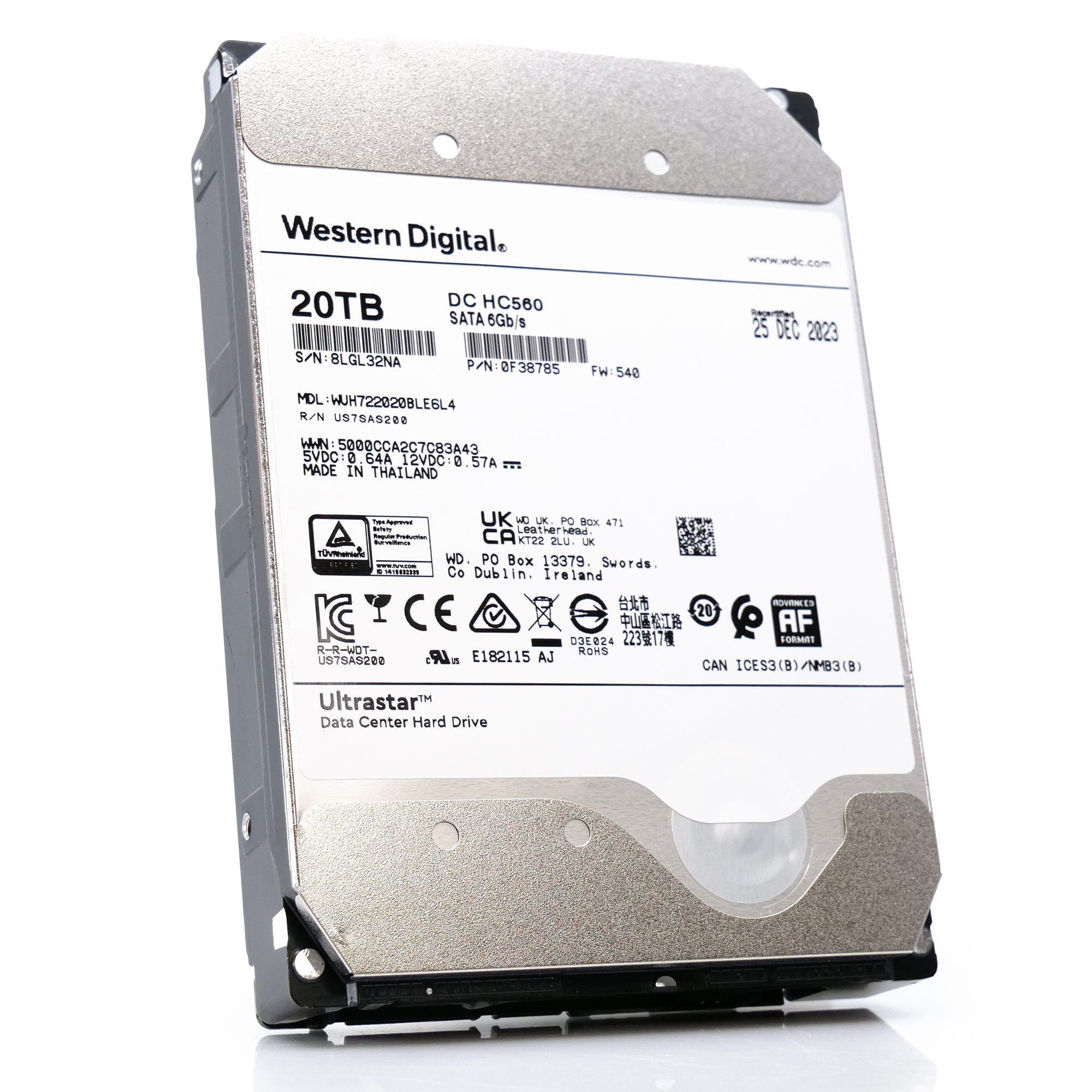 Western Digital Ultrastar DC HC560 WUH722020BLE6L4 0F38785 20TB 7.2K RPM SATA 6Gb/s 512e 3.5in Recertified Hard Drive