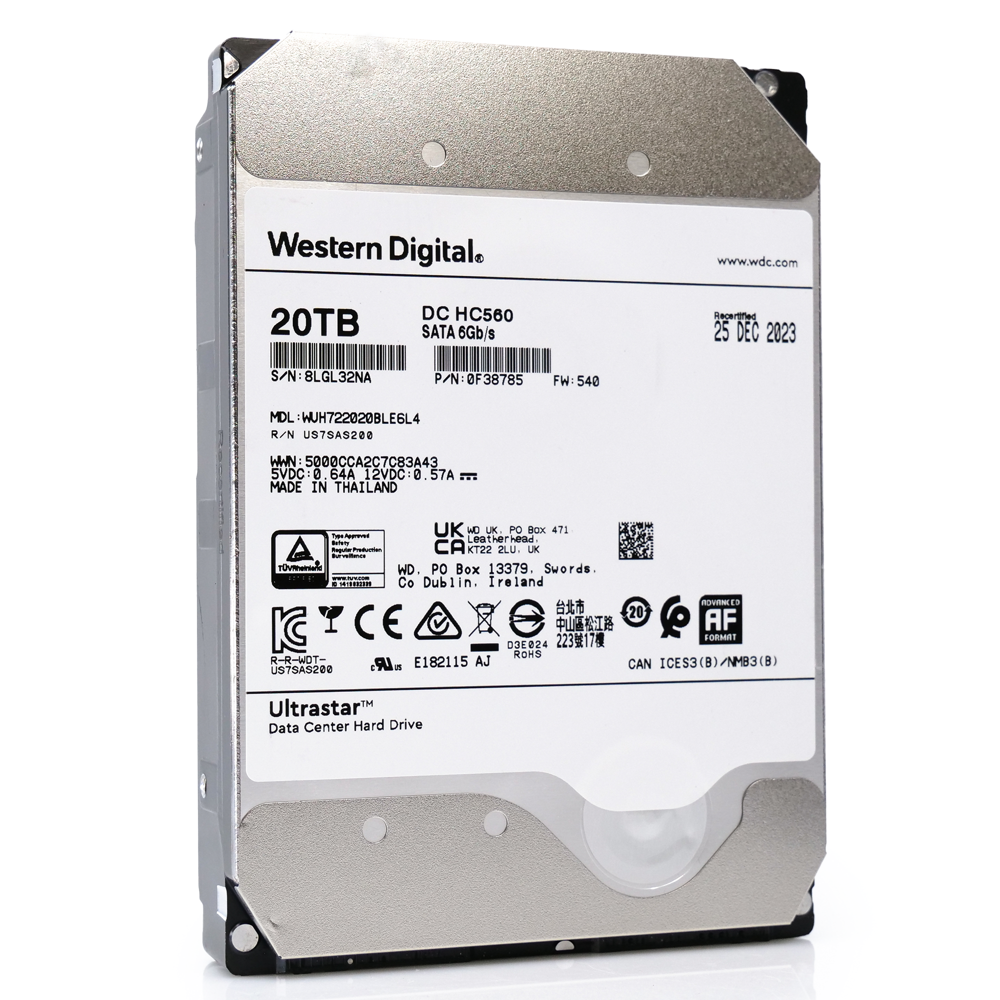 Western Digital Ultrastar DC HC560 WUH722020BLE6L4 0F38785 20TB 7.2K RPM SATA 6Gb/s 512e 3.5in Recertified Hard Drive