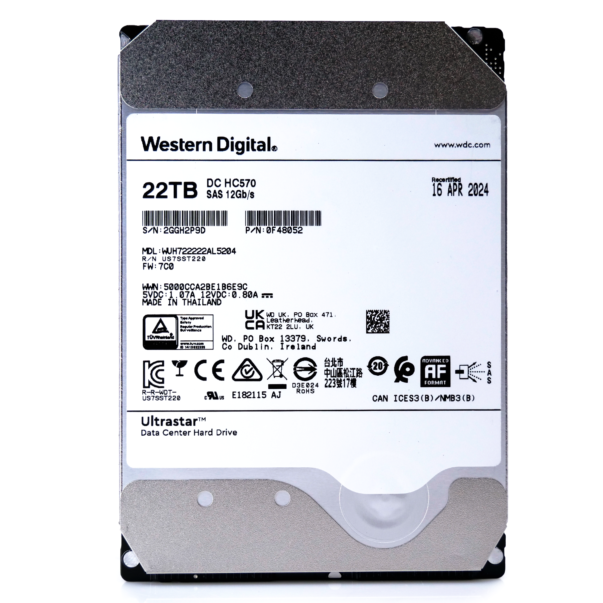 Western Digital Ultrastar HC570 WUH722222AL5204 0F48052 22TB 7.2K RPM SAS 12Gb/s 512e/4Kn 3.5in Refurbished HDD
