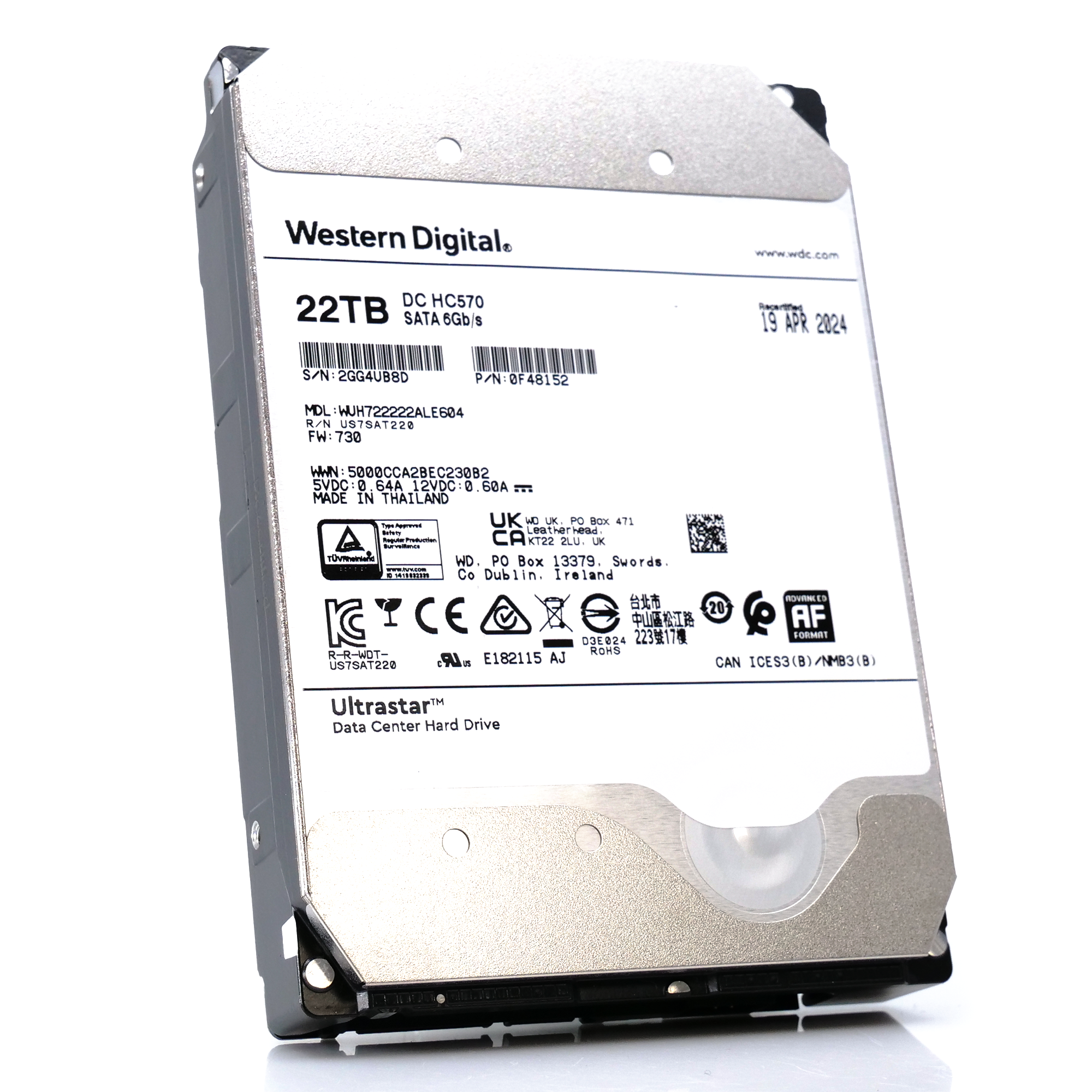 Western Digital Ultrastar HC570 WUH722222ALE604 0F48152 22TB 7.2K RPM SATA 6Gb/s 512e Power Disable 3.5in Recertified Hard Drive