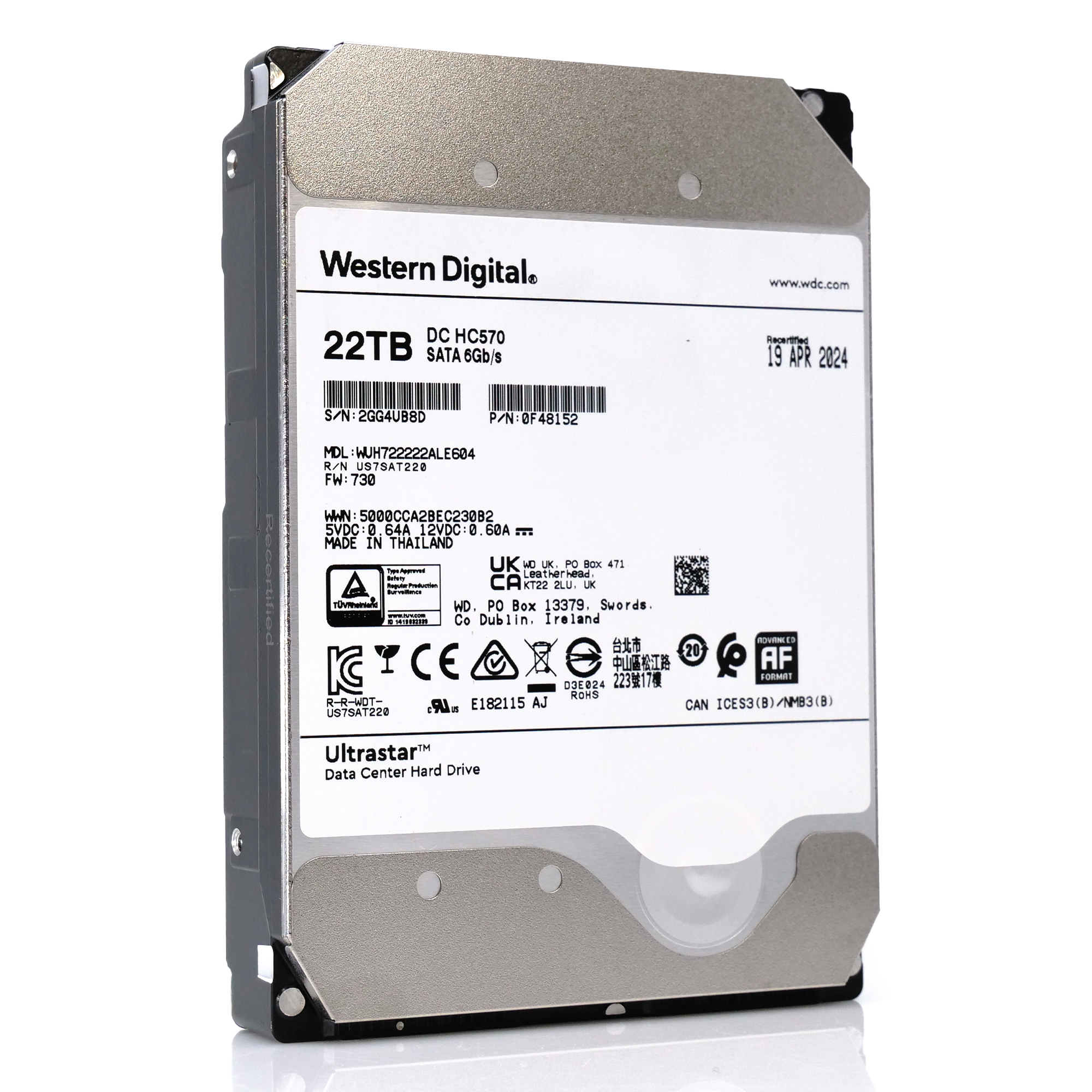 Western Digital Ultrastar HC570 WUH722222ALE604 0F48152 22TB 7.2K RPM SATA 6Gb/s 512e Power Disable 3.5in Recertified Hard Drive