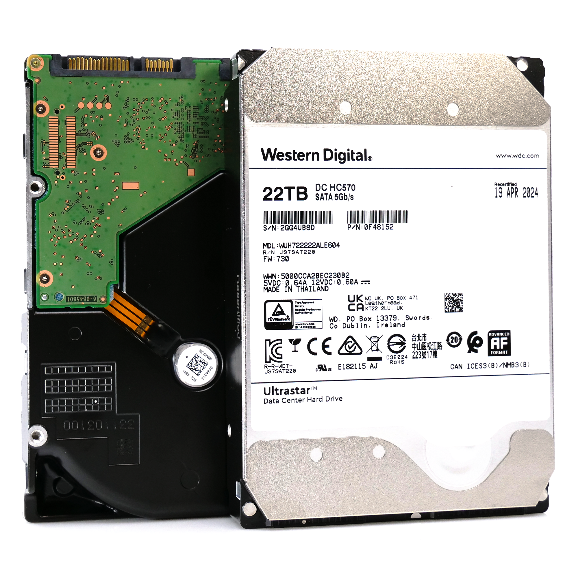 Western Digital Ultrastar HC570 WUH722222ALE604 0F48152 22TB 7.2K RPM SATA 6Gb/s 512e Power Disable 3.5in Recertified Hard Drive