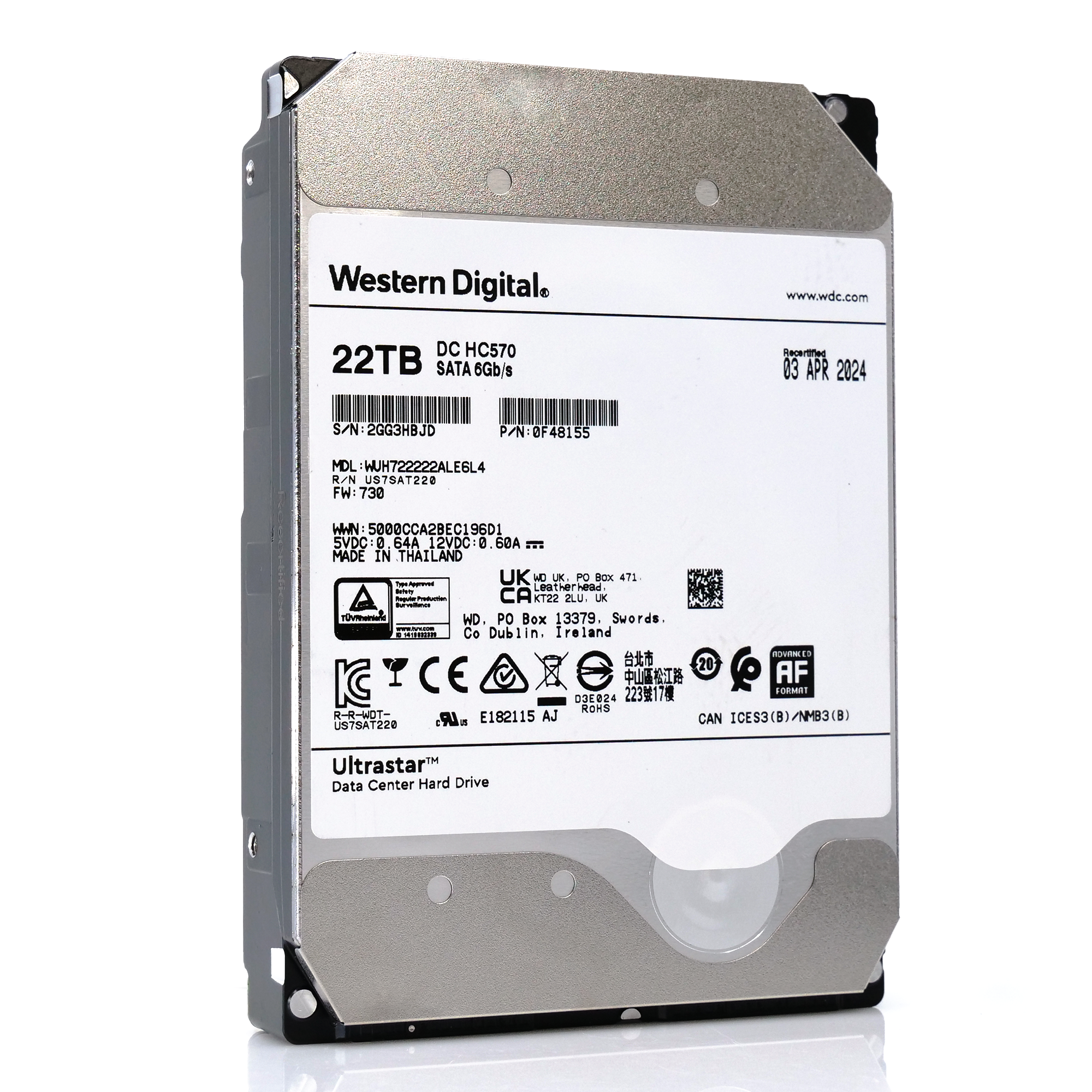 Western Digital Ultrastar DC HC570 WUH722222ALE6L4 0F48155 22TB 7.2K RPM SATA 6Gb/s 512e SE 3.5in Recertified Hard Drive