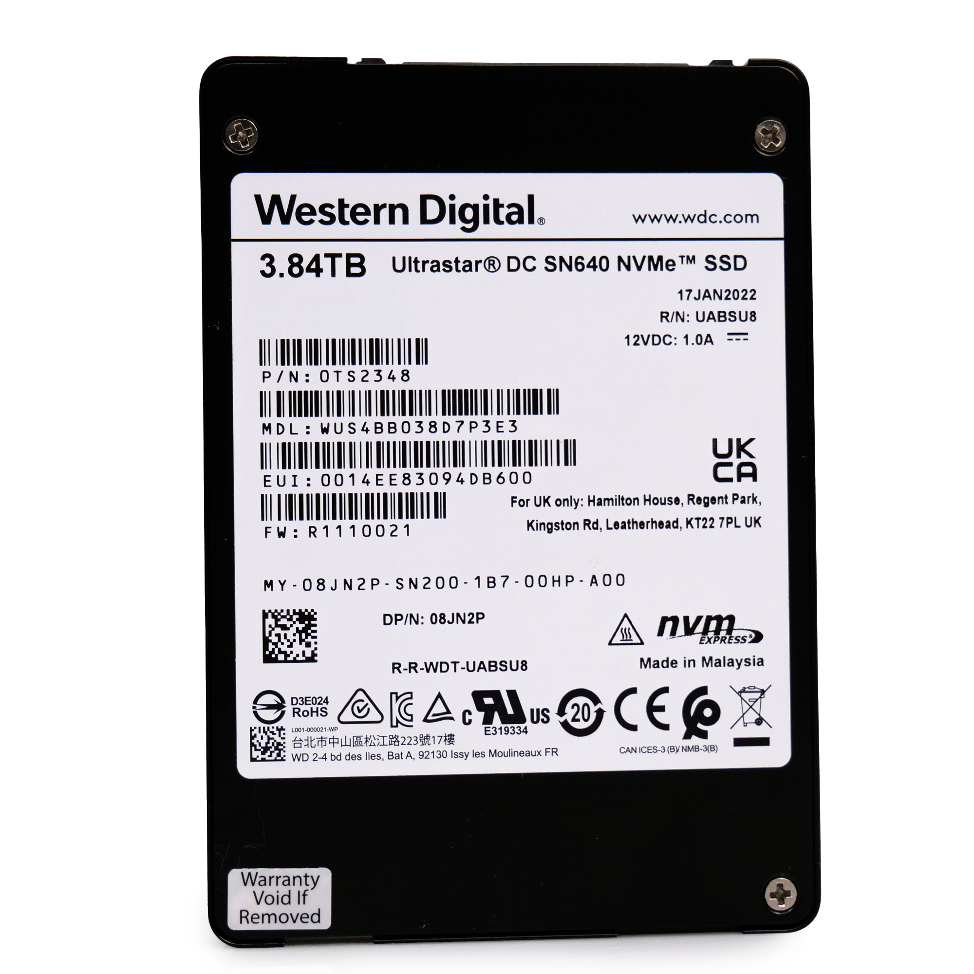 Western Digital/Dell Ultrastar DC SN640 WUS4BB038D7P3E3 0TS2088 3.84TB PCIe Gen3 x4 4GB/s 3D TLC U.2 NVMe 2.5in Solid State Drive