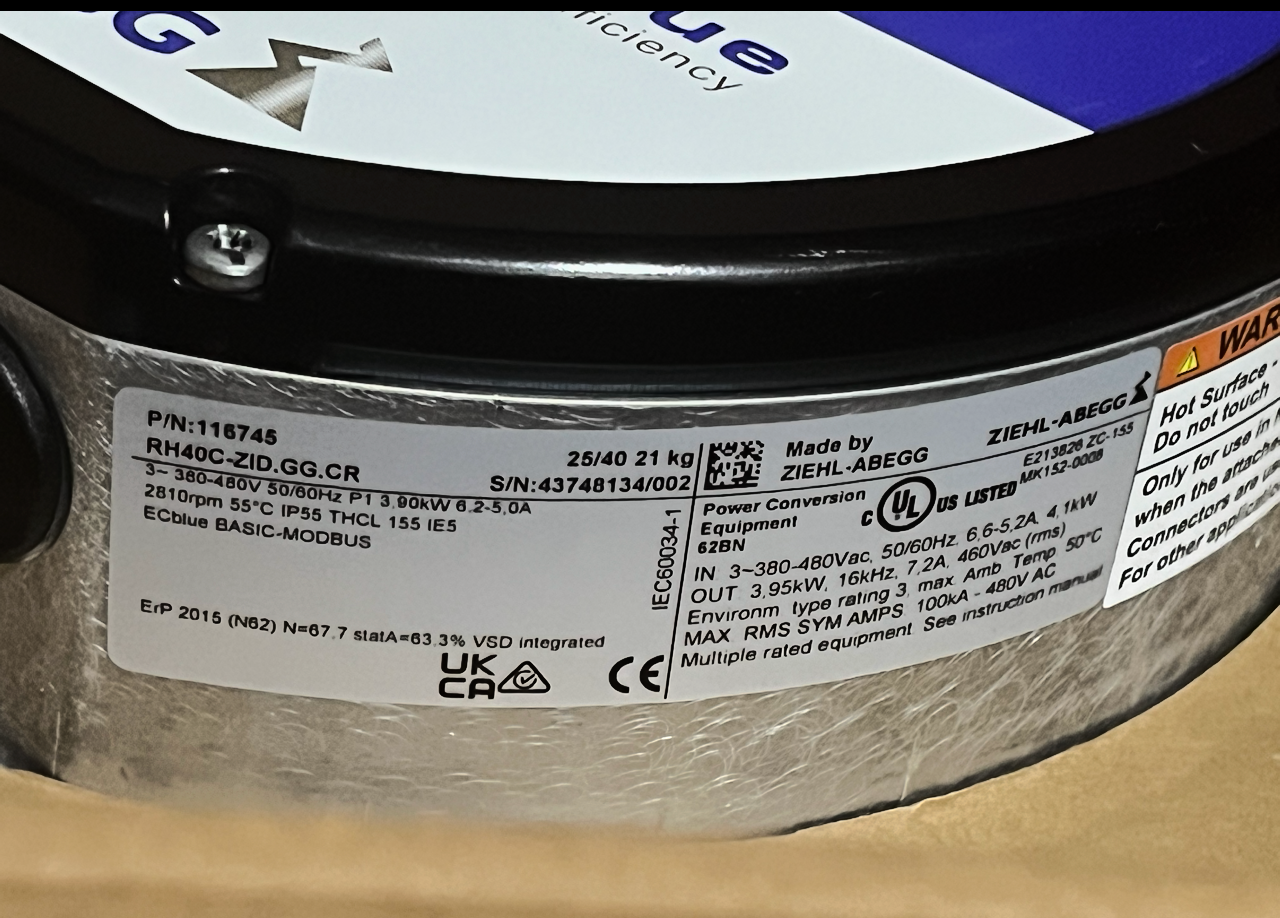 ZIEHL-ABEGG RH40C-ZID.GG.CR centrifugal fan 3.9W 6.2/5.0A 2810rpm 50/60Hz