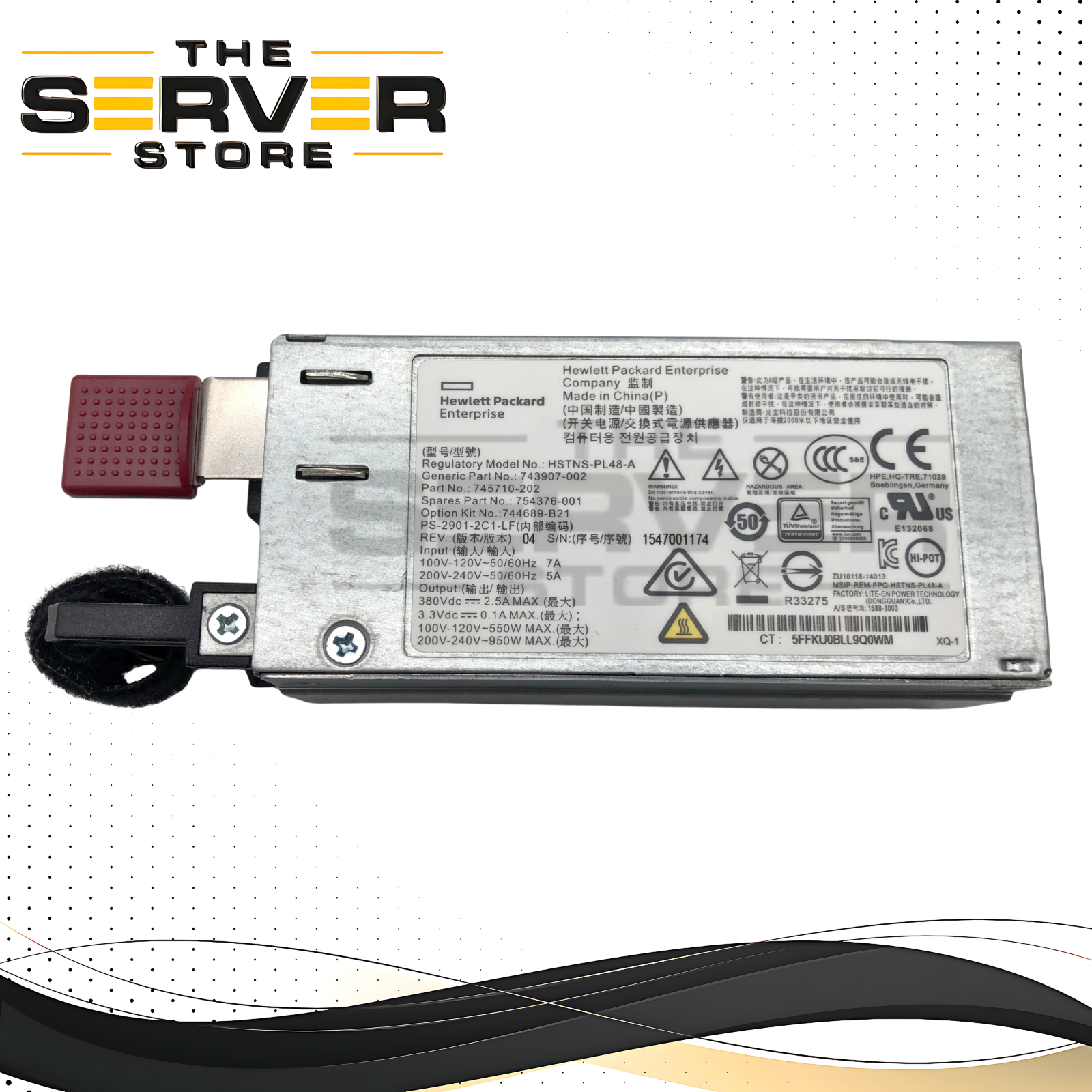 HPE 900W 80+ Gold Hot-Plug Redundant Power Supply for ProLiant DL60/DL80/DL120/DL160/DL180/ML150 Gen9 Servers. P/N: 754376-001.