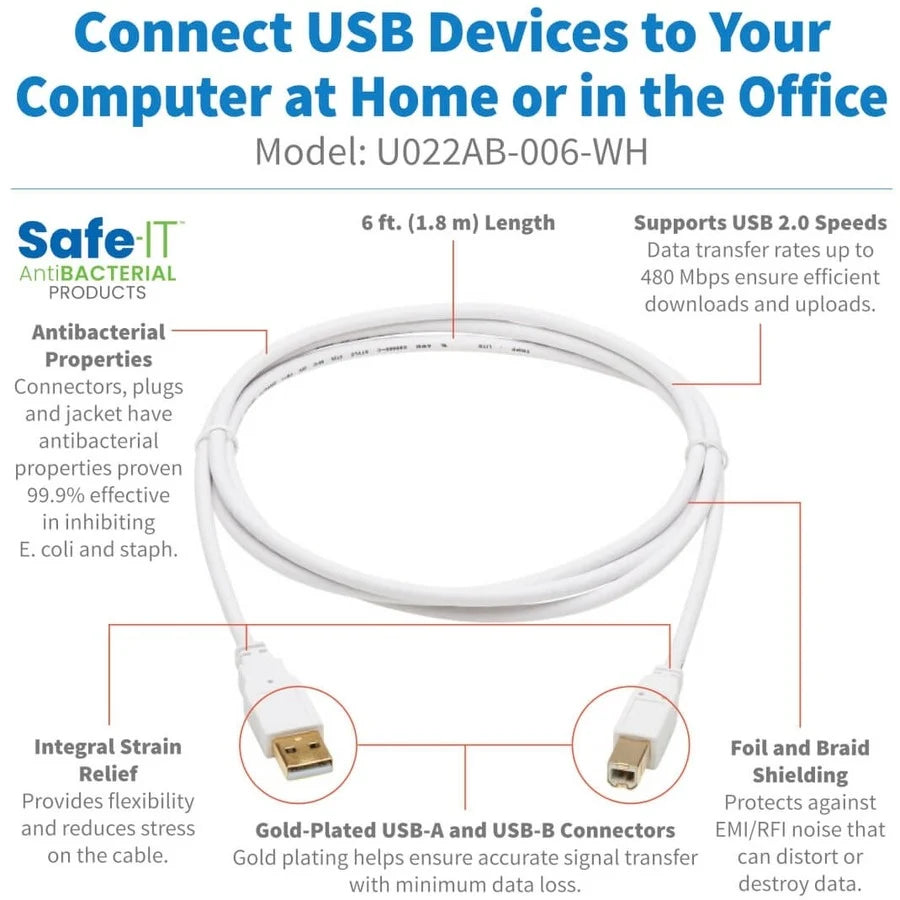 Eaton Tripp Lite Series Safe-IT USB 2.0 A to B Antibacterial Cable (M/M), White, 6 ft. (1.83 m)
