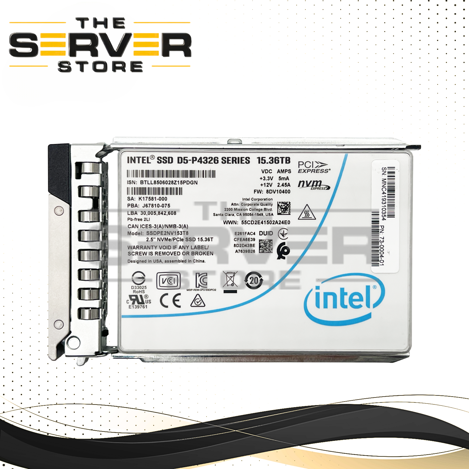 Intel 15.36TB NVMe U.2 PCIe Gen3.0 x4 RI SFF 2.5" SSD D5-P4326 SSDPE2NV153T8 for Dell PowerEdge Server with Dell Tray Gen 16th / 15th / 14th