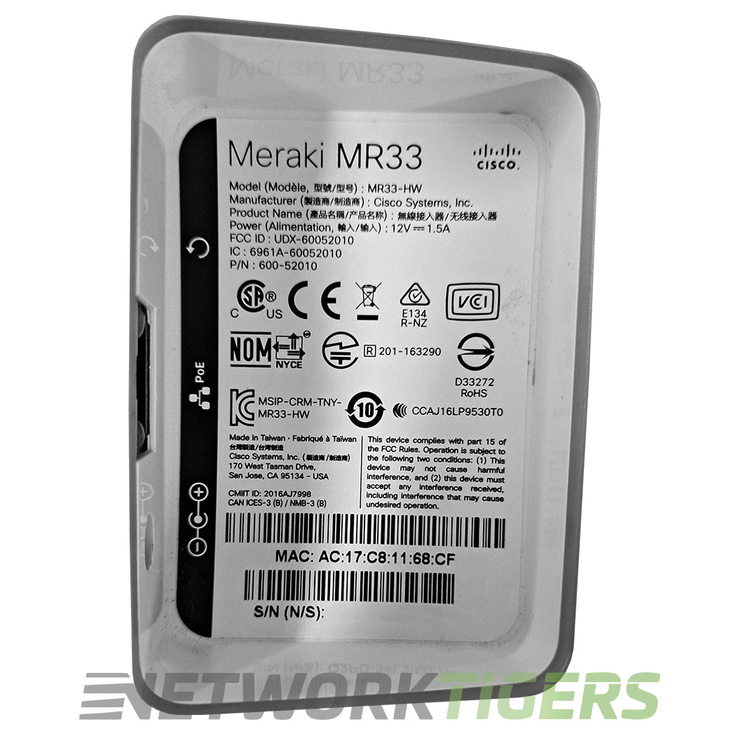 Cisco Meraki MR33-HW Wi-Fi 5 802.11ac Internal Antenna Unclaimed WAP w/ Mounts