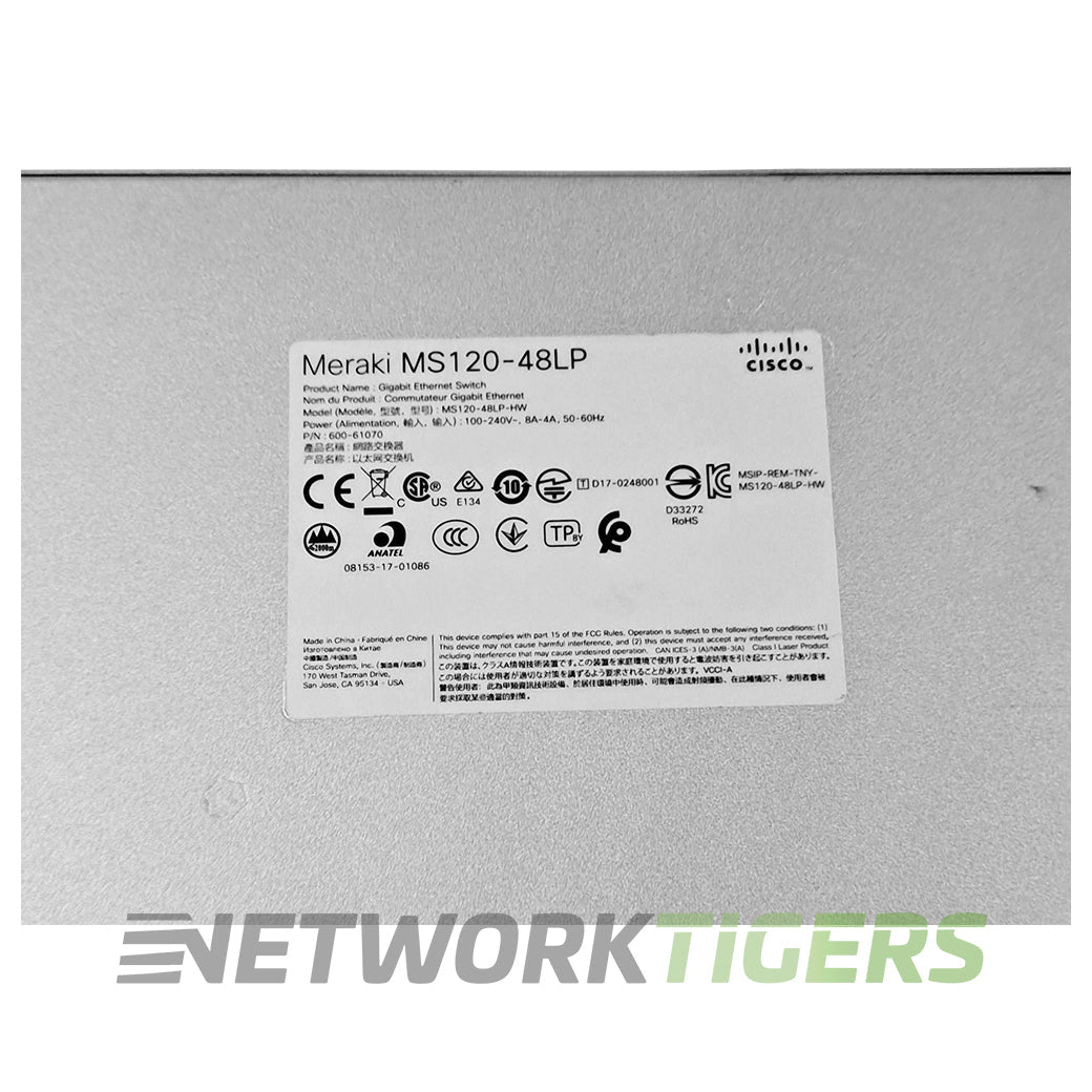 Cisco Meraki MS125-48LP-HW 48x 1GB PoE+ RJ45 4x 10GB SFP+ UNCLAIMED Switch