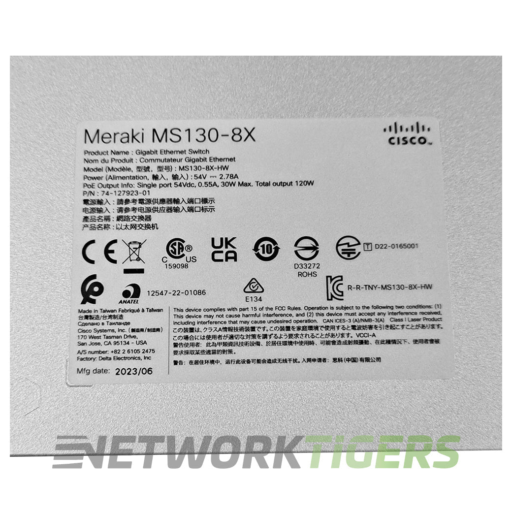 New Cisco Meraki MS130-8X-HW 6x MultiGB PoE++ RJ45 2x 10GB SFP+ Unclaimed Switch