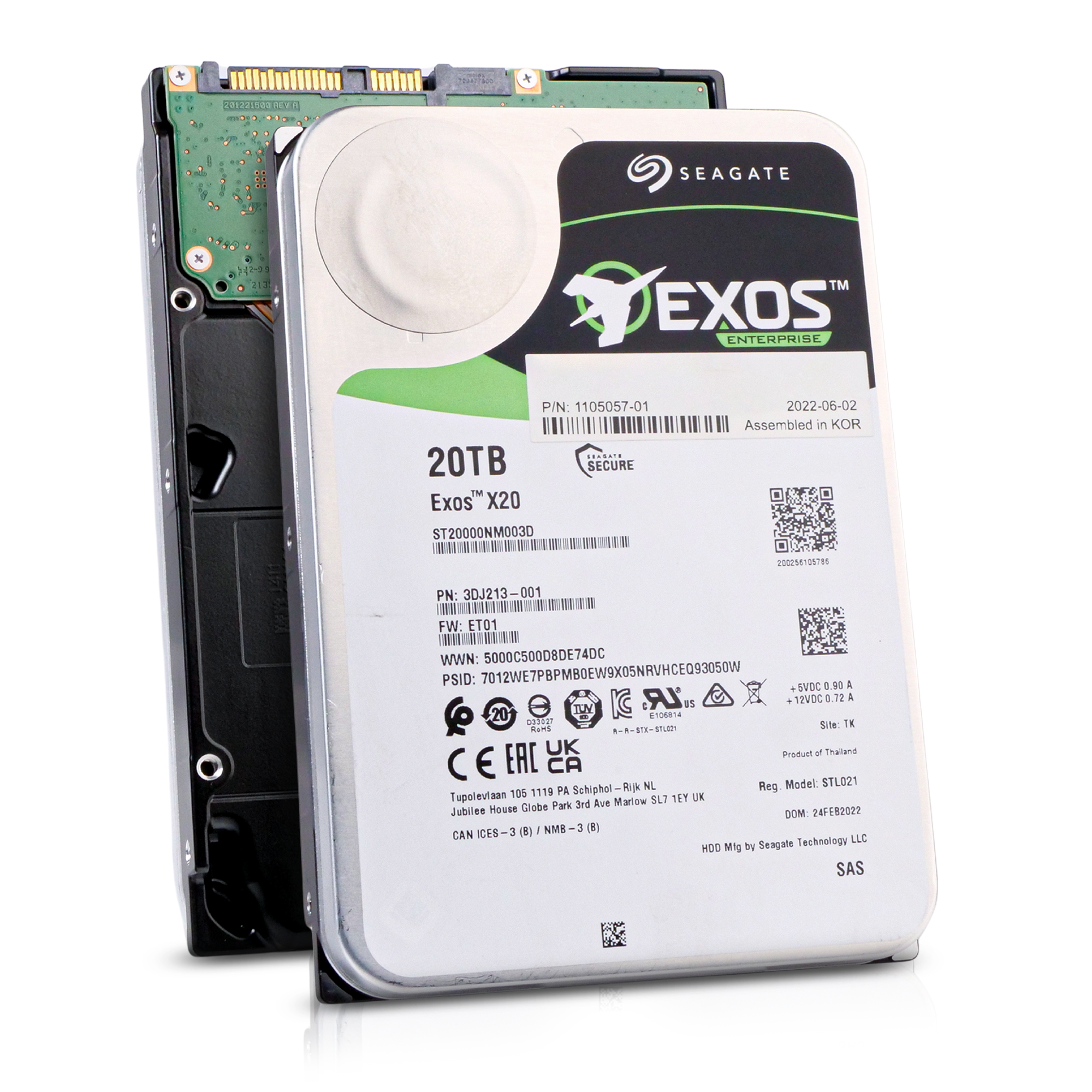 Seagate Exos X20 ST20000NM003D 20TB 7.2K RPM SAS 12Gb/s 512e SED 3.5in Hard Drive