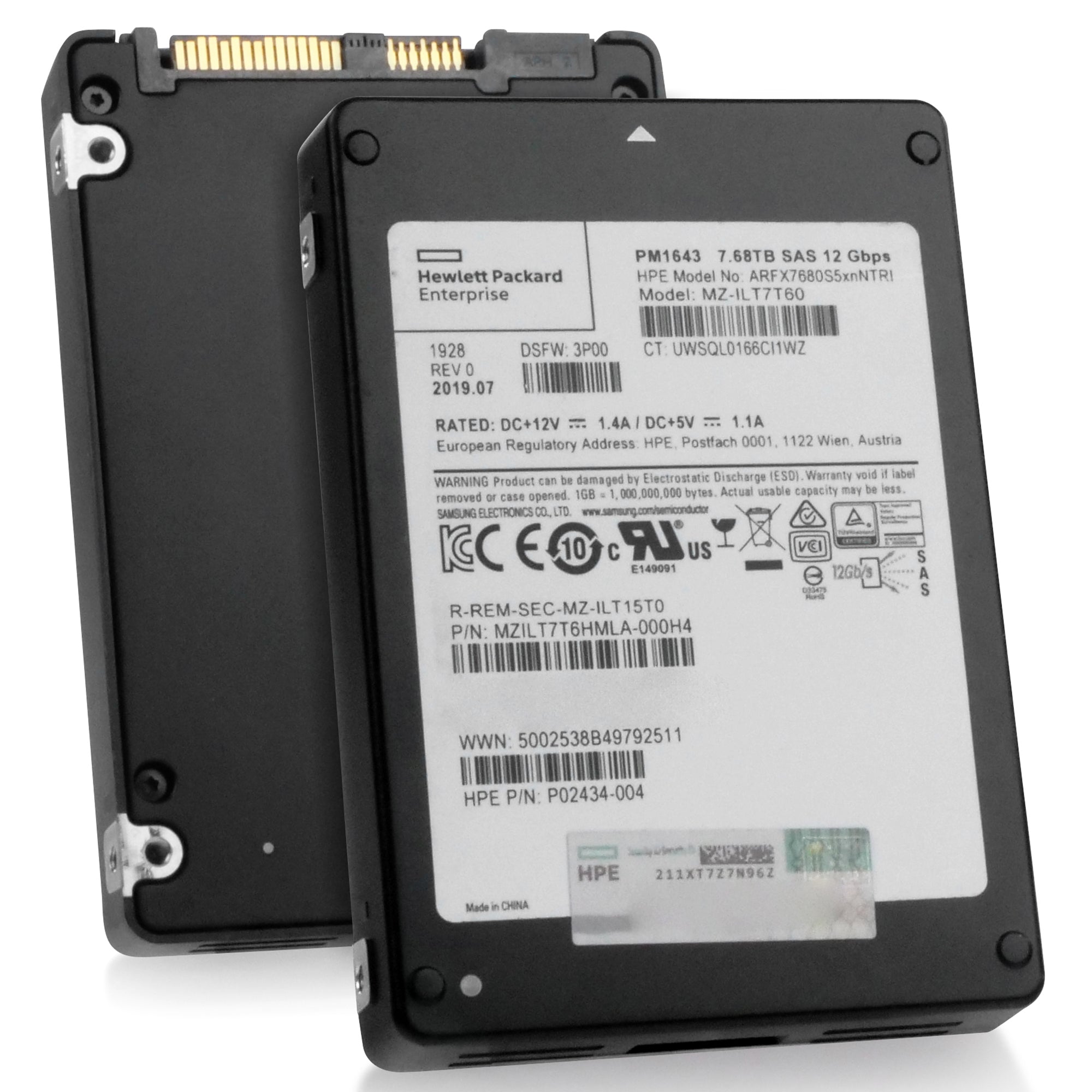 HP/Samsung PM1643 MZILT7T6HMLA 7.68TB 1 DWPD SAS 12Gb/s 3D TLC 2.5in Refurbished SSD