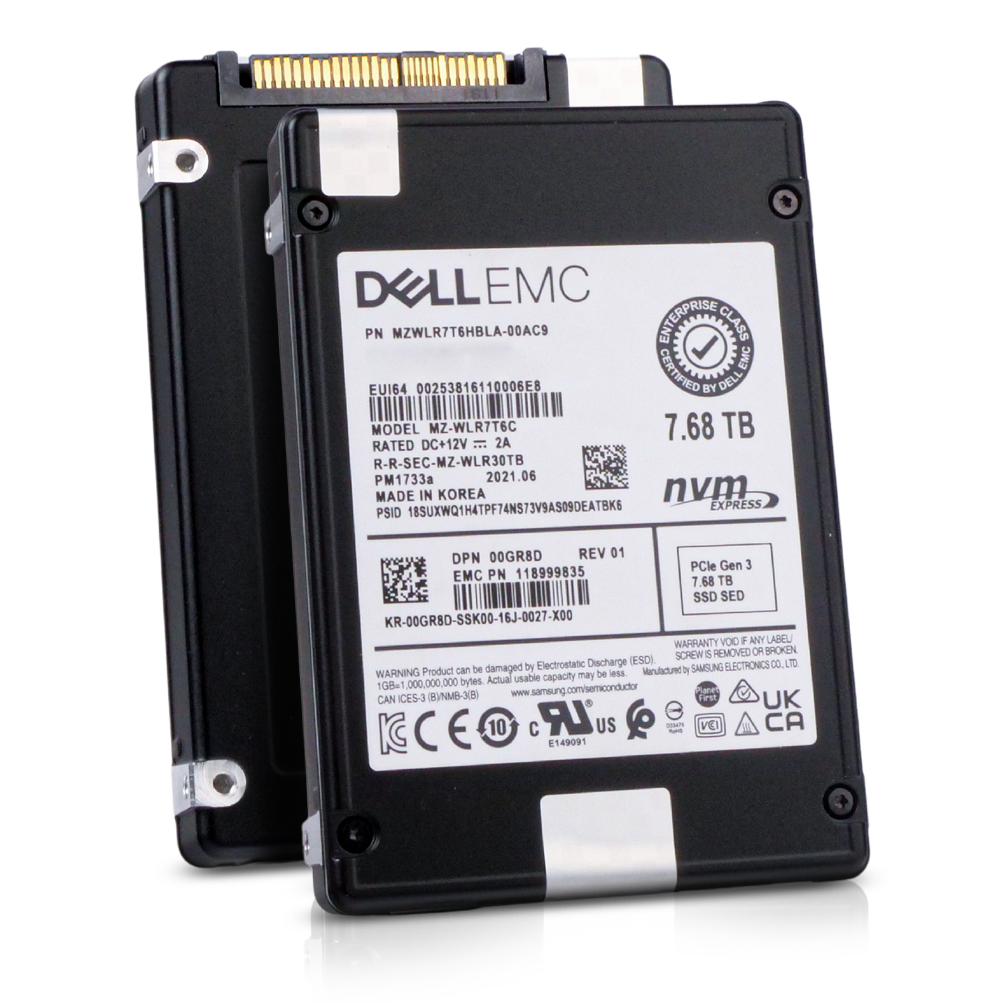 Dell/Samsung PM1733a MZWLR7T6HBLA 7.68TB 1 DWPD PCIe Gen 3.0 x4 4GB/s 3D TLC U.2 NVMe 2.5in Refurbished SSD