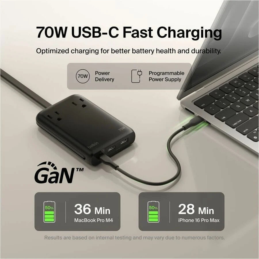 Belkin 2-Outlet Charging Station w/ 2x USB-A, 1x USB-C Ports + Tethered USB-C Cable 70W - 5ft Cord - Black