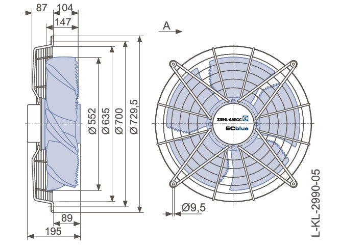FN056-ZIK.DC.V5P4 ZIEHL-ABEGG Axial Fan 3~200-240V 1.1 kW 3.4/2.8 A 1380 rpm
